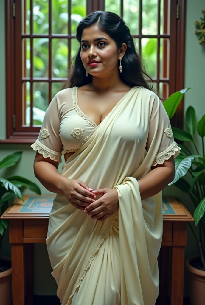 Day scene, full body photo of a plus sized 45 year old indian with a man from top view, (Masterpiece, Best Quality, High Resolution), office Background, ( Splash on her  and ,  Splash on her face, Splash of ,  Splash on her blouse,  Splash on her eys), Sweet 25 year old South indian women sitting on her knees in a crowded party hall with a man, hour glass body red lips, silver colour silky gown, lightly makeup,ultra realistic, realistic, look at viewer (cinematic:1.3), intricate details,