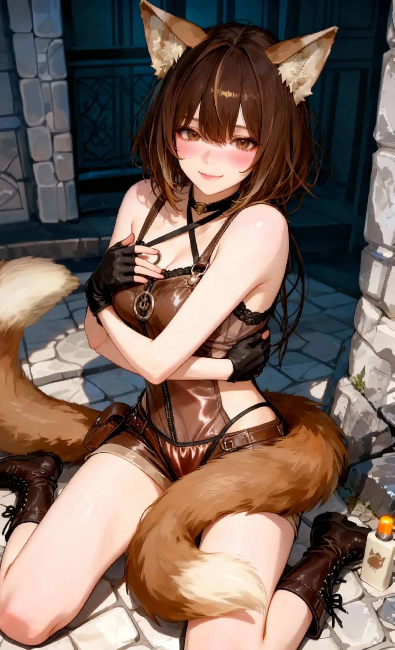 (masutepiece), (Best Quality), Highly detailed,Ultra-detailed,(the Extremely Detailed CG Unity 8K Wallpapers),unbelievable Ridiculous,(Official art),Colorful,(Line optimization),Seated Pose、
Extremely exquisite female facial description, extremely delicate and beautiful eyes,
1girl in, animal_ear_fluff, animal_Ears, arms are_???????? up, Armpits, ???_Visible_through_thighs thighs thighs thighs, Bangs, ????_shoulders, Blue_Eyes, blush, ???????, brown_hair, cowboys_shot, Detached_Collar, eyebrows_Visible_through_hair, fake_animal_Ears, Fox_Ears, Fox_girl, Fox_tail, gloves, gradient, gradient_Background, greys_Background, hair_Bland_Eyes, Leotard, up looking_で_viewer, Navel, neck tie, , Rabbit_Ears, See-through, Short_neck tie, Silver_hair, Small_???????, Solo, tail, Thigh_the gap, white_gloves, wrist_Cuffs
(Perfect body), (Seductive),
(Fine and beautiful detailed skin), (Shiny skin:1.0), (Oil skin:1.0), (Oil Highlights:1.0),
???????? suggestive, Female-,