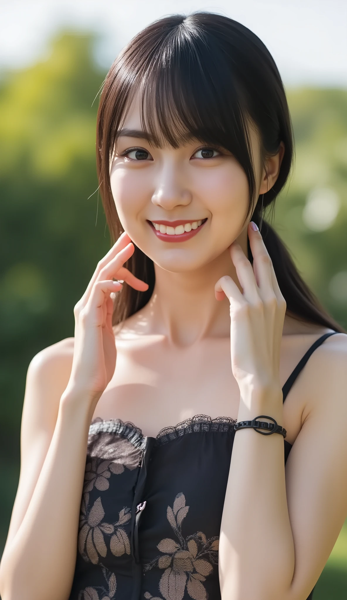 medium length hair , Black Hair and Bangs , her hair is styled in a sleek style , Straight gaze. she is the central focus ,Her figure was super slim , white skin like snow. She is wearing a tiny sleeveless see-through party dress that is very sheer:1.3, I'm wearing a small black bra, She is wearing a dress with an elegant lace embroidered on the front . I'm not wearing anything on my lower body, The tight dress has a cut。Nipple Erection、Also、she has multiple bracelets on both wrists . I can see her charming thighs .She's sitting on a dark brown wooden outdoor bench . It's behind a green bush、 part of her black backpack and white handbag、 visible beside a bench . cell phone and a case like that 、 Near the bench . The lighting suggests it's likely daytime , Her figure was very slim 、perfect face、Shot from below、Blue Sky、Nipple Erection、 Pigtails、Laugh lightly、 luxury lace panties available 、Panchira、cherry blossom hairpin 、Up shirt:1.3
・Peek above the hem of the shirt
A state like seeing、natural makeup、Inner thighs、stand on the knee、Camel Toes、open arms for viewer Stretch your arms out towards me「Hold me」Pose、open shirt、Single Ear Exposure 、、she's holding up her hands and putting her hair together in a ponytail、holds a hair elastic、(ultra-detailed、high resolution、extremely detailed CG、unity 8k wallpaper、official art、super detailed skin、perfect anatomy、cinematic lighting、beautiful detailed eyes、depth of field、ideal ratio body proportions、reality、raw、photorealistic、hyperrealistic、score_9, score_8_up, score_7_up, source_anime, 1girl, prefect lighting, very aesthetic, intricate details, highly detailed background,detailed eyes、prefect eyes、 masterpiece, high quality, prefect hands, best quality)、(anatomically correct legs, anatomically correct arms, anatomically correct body, long and beautiful legs: 1.4)、Touch your neck with your hands、tilt your neck、 black bra showing through、The navel is visible through、panties can be seen through、Bras Seen Through Clothes
