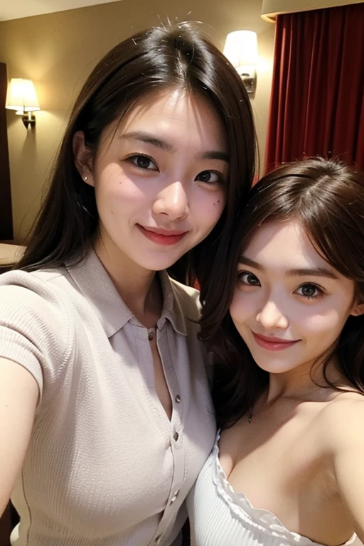 23 year old woman, asian woman, smooth skin, shoulder length brown hair, bright azure eyes, thin eyebrows, fair skin, blushing cheeks, perfect body, small , white strapless , castle hallway, eye contact,  smile, high detail, feminine  features, slim, slender, high resolution, real girl, realism, realistic, soft lighting