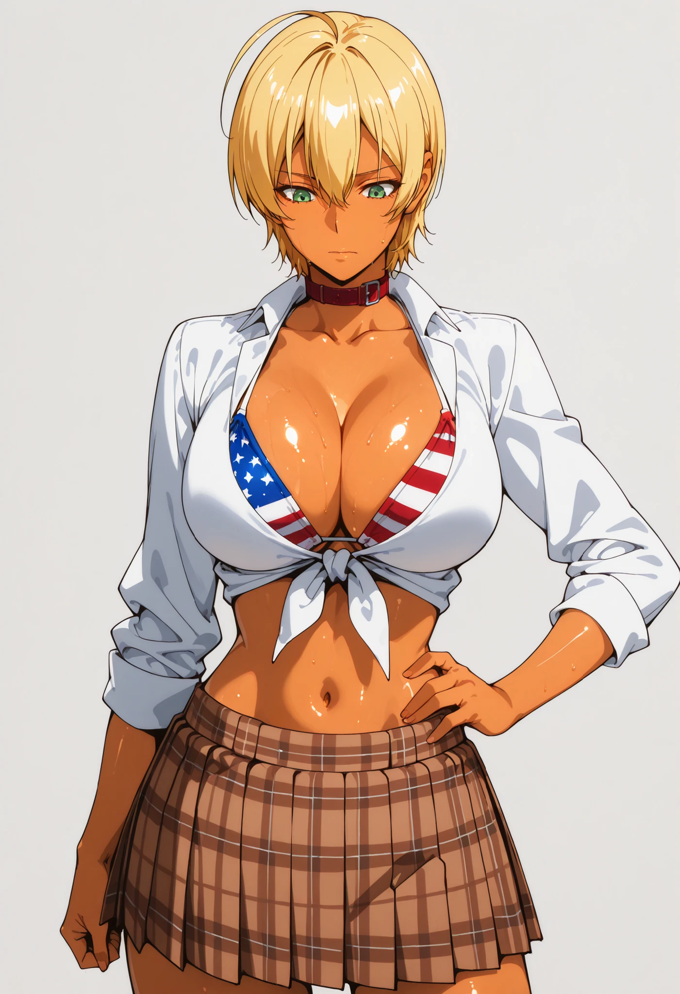 , Masterpiece, score_9, score_8_up, score_7_up, (highly detailed:1.3), absurdres, ((anime coloring)), best quality, lively, are so aesthetic, high contrast, best quality, dynamic, 1girl, solo, solo focus, solid grey background, no background, cowboy shot, BREAK, m1to1kmfwdef, green eyes, blonde hair, hair between eyes, ahoge, short hair, dark-skinned female, red choker, belt collar, white shirt, collared shirt, tied shirt, cleavage, collarbone, , midriff, top only, american flag , flag print, navel, brown skirt, plaid skirt, pleated skirt, miniskirt, striped necktie, shiny skin, BREAK, cowboy_shot, BREAK, looking a viewer, cowboy shot, IllusP0s, tall, hand_on_hip, looking down of viewer, thighs, front view