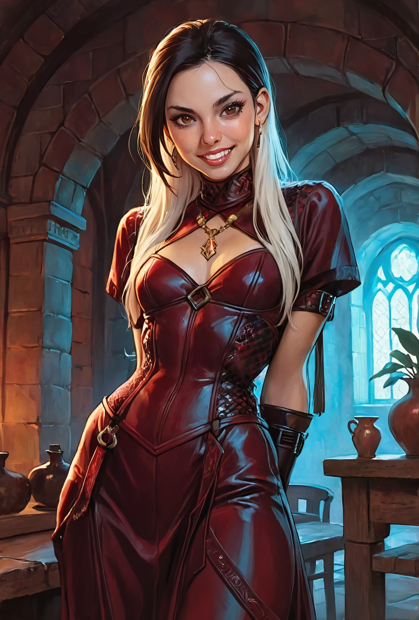 Drawn like the artist Bob Kehl. She looks like Cammy White and has a horizontal scar across her nose. Inca girl with white and dark hair, brown skin, deep red-coloured eyes, slanted Asian eyes, sharp canine teeth, black eyeliner, athletic body and soft abs. Slender and athletic. Cute, round and young face. White highlights in her hair. She wears red, fine (intricate) latex dress with snakeskin-pattern and intricate gloves. She also wears an amber necklace. She has small breasts. She has a small smile on her face, lips pressed together. Atmospheric lighting. Box-art. DnD-art-style, oil painting. Looking at the viewer. Background: Spanish medieval town, hdr colours