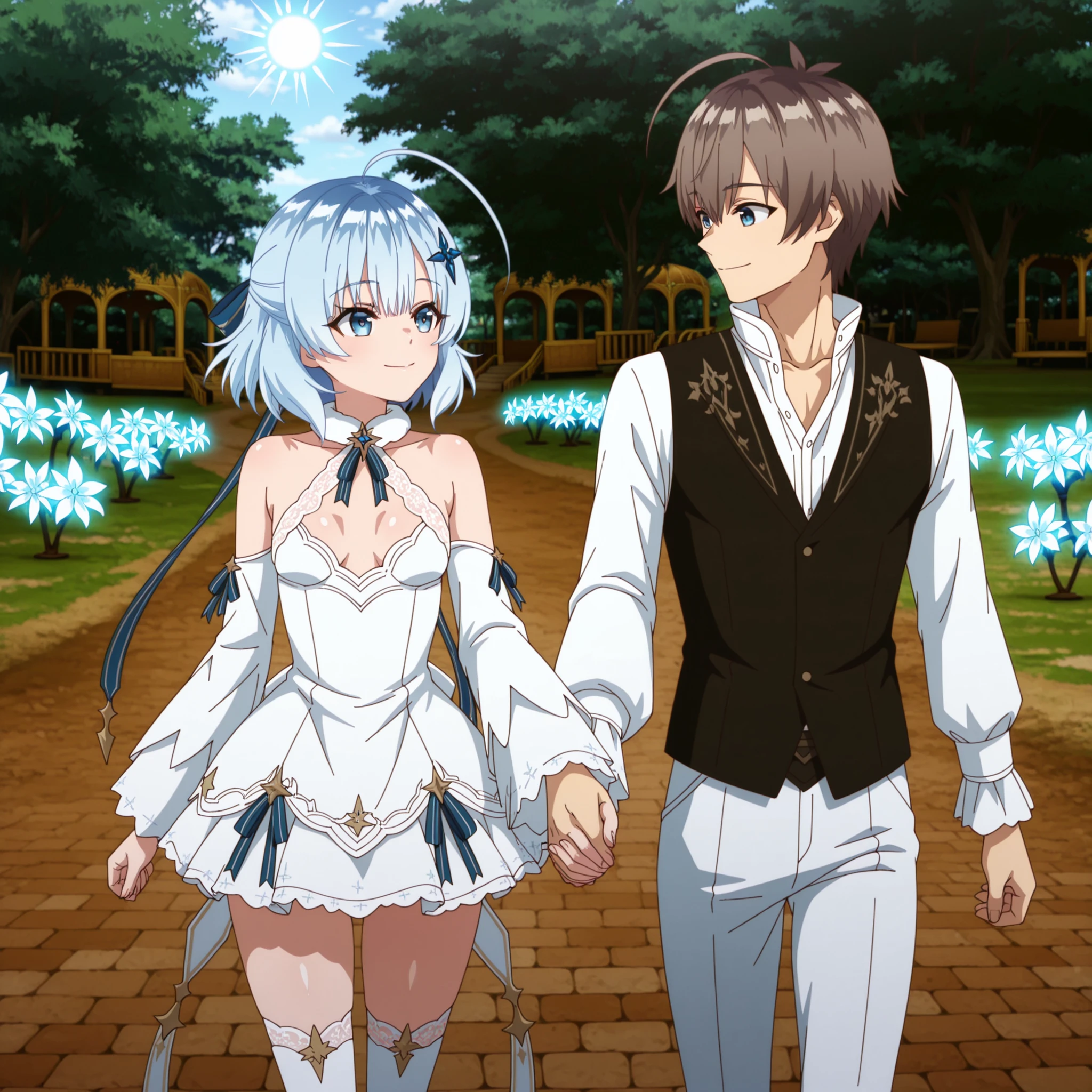 masterpiece, best quality, very aesthetic, absurdres, areprt,
(romantic couple:1.3), 1girl, 1boy, dating, holding hands, looking at each other lovingly, gentle smiles,
(in a beautiful fantasy park:1.2), sun-dappled path, glowing flowers, magical trees,
the girl: short blue hair, ahoge, detailed blue eyes, small breasts, wearing a (cute and sexy white fantasy mini-dress with blue ribbons and lace trim:1.2), hair ornament, white thigh-high socks,
the boy: handsome, medium brown hair, one red eye, confident smile, showing collarbone, wearing (dashing fantasy attire:1.2), unbuttoned elegant white shirt, dark vest, stylish pants