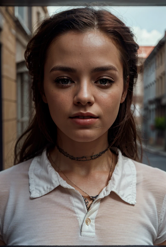 ultra realistic 8k cg, masterpiece, ((ultra detailed background, delicate pattern, intricate detail)), best quality, intricate details, chromatic aberration, 1girl, long hair, golden hair, messy hair, red highlights, hair over one eye, sharp eyes, choker, brick wall, graffiti, dim lighting, alley, oversized shirt,off shoulder, sheer shirt, Masterpiece, best quality