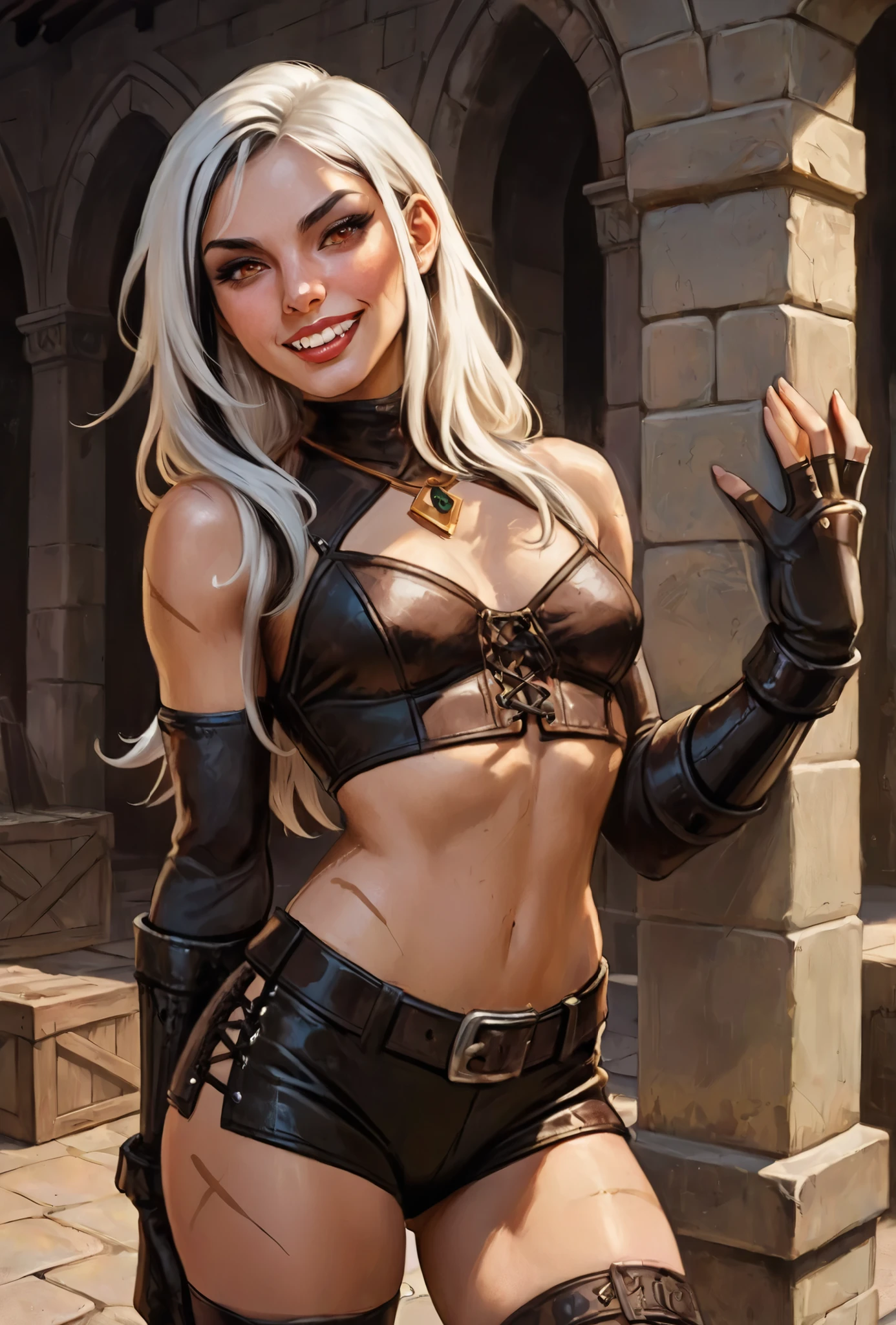 Drawn like the artist Bob Kehl. She looks like Cammy White and has a horizontal scar across her nose. Inca girl with white and dark hair, deep red-coloured eyes, slanted Asian eyes, small sharp canine teeth, black eyeliner, athletic body and soft abs. Slender and athletic. Cute, round and young face. White highlights in her hair. She wears black, rough leather outfit with snakeskin-pattern and black gloves. She also wears an amber necklace. She has small breasts. She has a small smile on her face, lips pressed together. Atmospheric lighting. Box-art. DnD-art-style, oil painting. Looking at the viewer. Background: Spanish medieval town, hdr colours