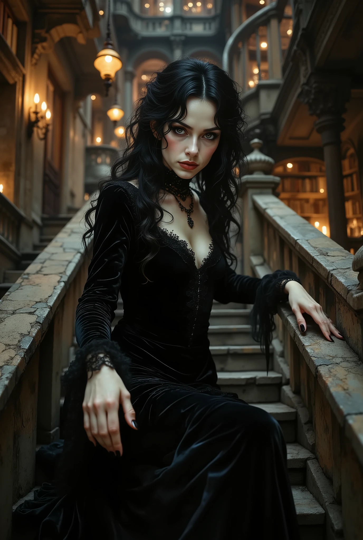 A low-angle shot from the stairs, looking up at a gothic woman in a black velvet gown descending towards the viewer. Her pose is confident and ethereal, as if floating. One of her pale hands is extended slightly forward, while the other gently trails along the ancient stone banister. Her expression is enigmatic and alluring, with a subtle, knowing smirk. Her long black curls frame her face, and her smoky eyes look down with intensity. The background is a blur of candlelit library shelves and glowing sconces, creating a moody, atmospheric bokeh. goth woman, low-angle shot from below, dramatic descent, ethereal, cinematic, ghostly beauty, mysterious atmosphere.