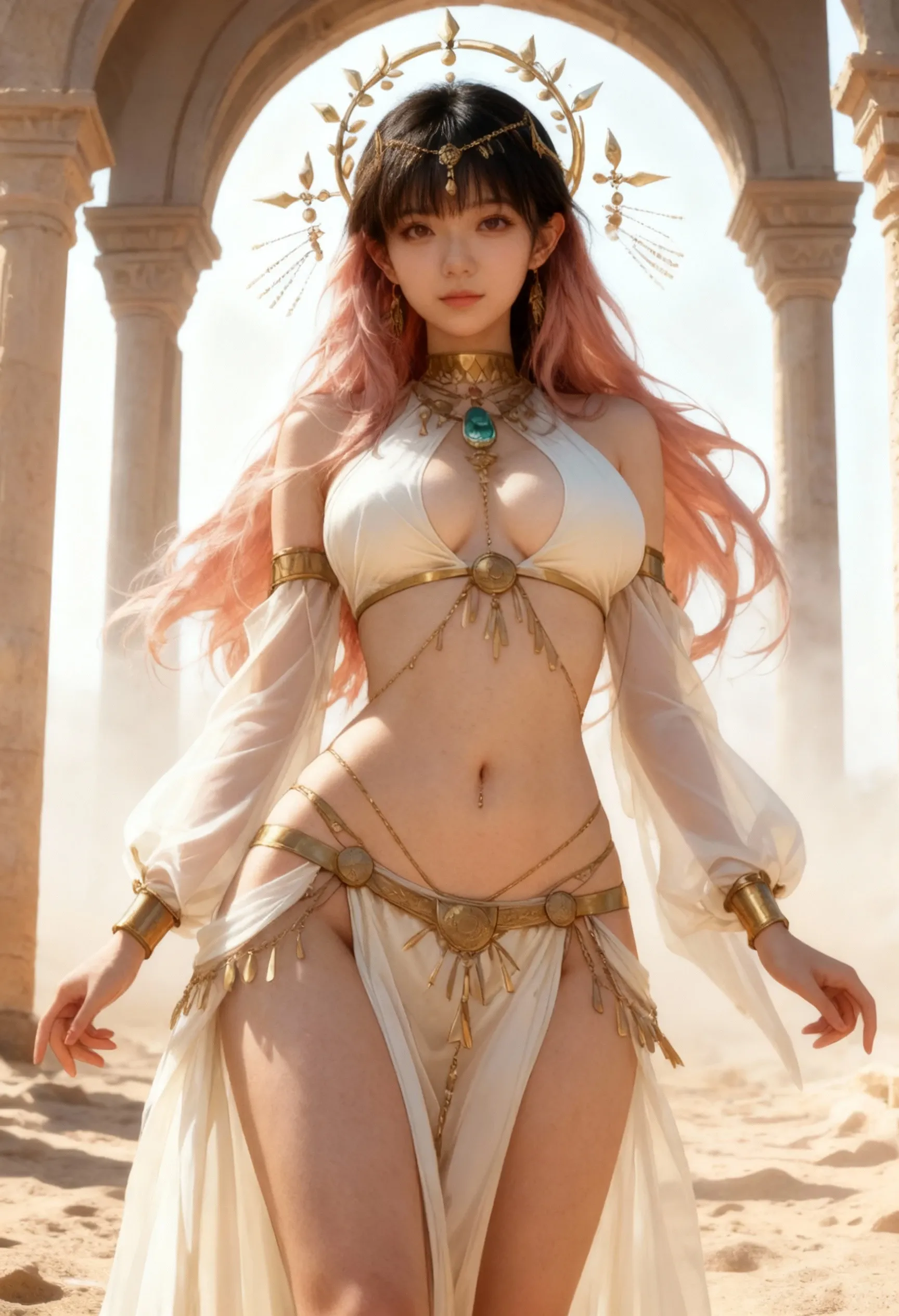 A Buddhist Bodhisattva Girl, (Masterpiece, Top Quality, Best Quality, Official Art), (KPOP idol), (Super Long Hair, Messy Long Flowing Hair, Light Pink Long Hair), Delicate Jewelry, Delicate Bracelet, Delicate Hair Ornament, High Feeling, Aperture on the Back, Fairy Fluttering, Looking Up View, Barefoot, Golden Bracelet on Ankle, Ancient Chinese Clothing, (Conservative Clothes), Gorgeous Silk, Flowing Tulle, Dazzling Background, Golden Aperture on the Back, Gold Falun in the back, best light, best shadow, movie lighting, mystery, background pure black with ring aperture, ultra high definition, 8k, fair skin, Wolp_style, duhuang_style, upper body close-up, detailed face, (sideways: 1.5), 28 years old, 1girl, well-dressed, super long clothes, black hole background, in a temple in Thailand, one leg on the ground, left hand as Buddha hand on , the other raised above the head to do Buddha hand, surreal, photo, realistic, {(Surfacing from a clear pool, splashing a lot, splashing, water ripples), (wet clothes: 1.5) (wet: 3.0), (wet hair: 1.5)}, medium , 48KG weight, smooth skin, light blue pupils, detailed eye painting, (super white skin, supple skin), (face focus,  to look at the camera, snapping)