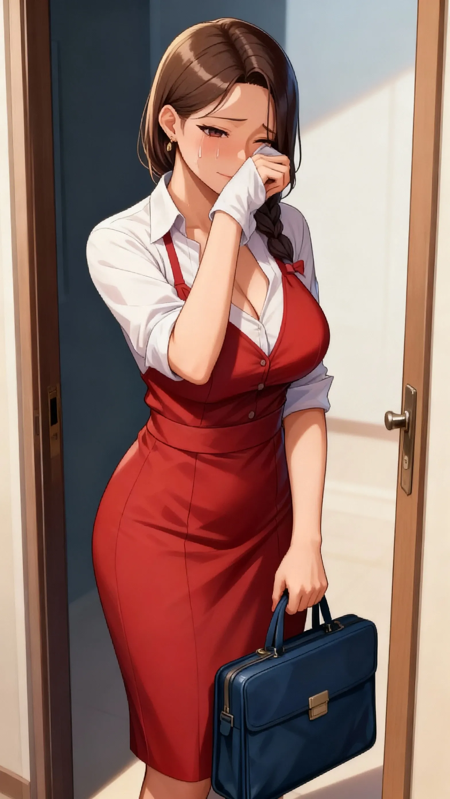 masterpiece,best quality,amazing quality, 1girl, large_breasts, mature_female, solo, open_eyes, Pretending to be stuck in a box, from_below, Sangria Robe, drill hair, brown_eyes, chignon, Dark Brown hair, office, group_profile, <lora:Illustrous\yoongonji_IL:0.9>