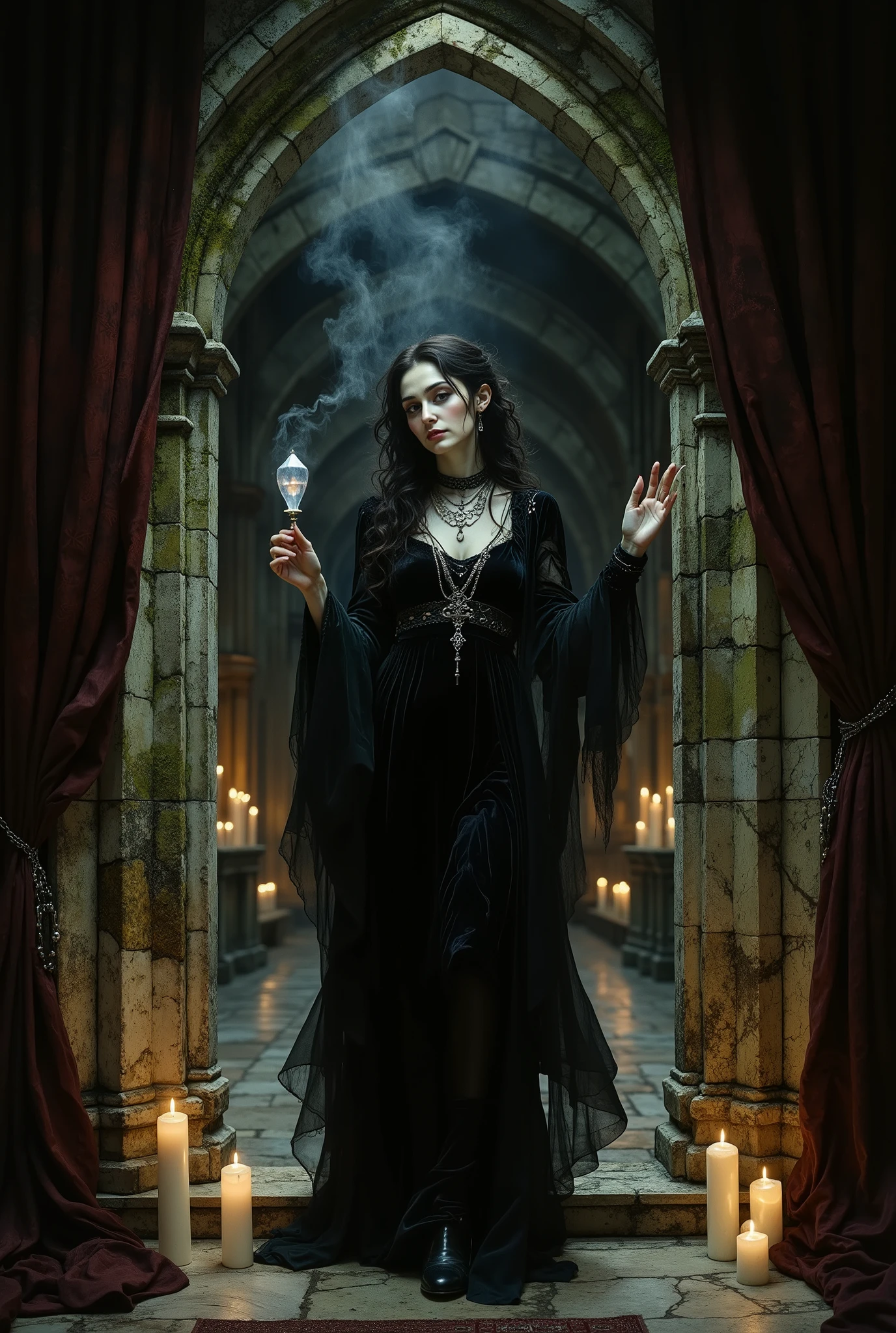 A gothic woman materializing from the shadows of a deep, pointed archway, stepping into a moody, candle-lit hall. The low-angle shot emphasizes the immense height of the arch, making her seem both powerful and vulnerable. One hand is raised, fingers softly tracing the ancient, moss-covered stone of the arch, as if saying farewell. The other hand holds a small, glowing crystal or an ancient key. Her face is serene, her dark eyes reflecting the candlelight. She wears a flowing black velvet dress and a delicate silver choker. The arch is framed by thick, dark velvet curtains, and the air is thick with incense smoke. gothic cathedral atmosphere, mystical, emerging from shadows, candlelight, low angle, dramatic, ethereal, fantasy.