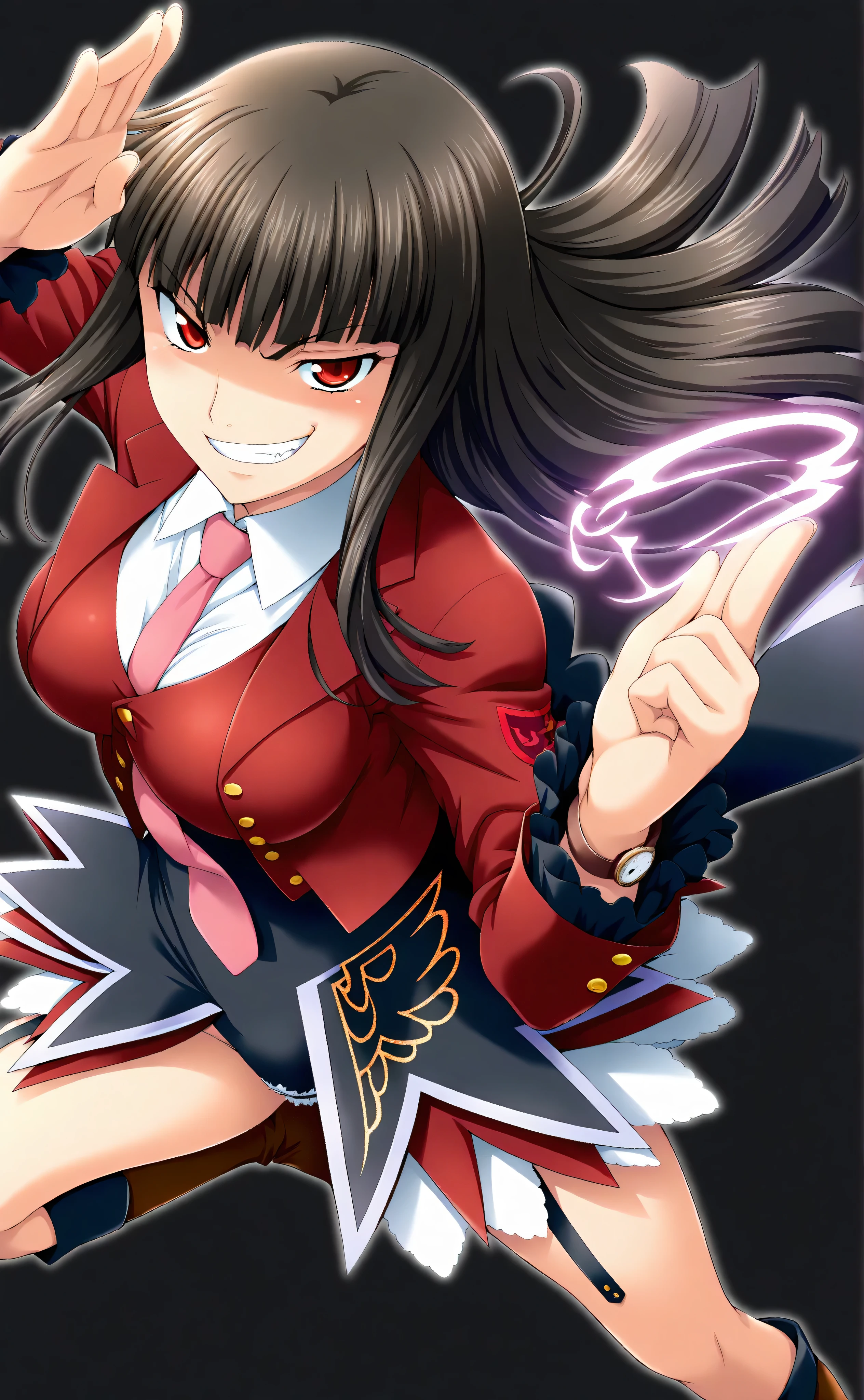 (Black Background:1.5), from above, fisheye, watch viewers, 1girl, solo, Lucifer, Stakes of Purgatory, long hair, dark haired, Bang, blunt Bang, red eyes, pink tie, white shirt, collared shirt, red jacket, long sleeve, ruffle sleeve, high leg leotard, Garter Straps,  Showgirl Skirts, black skirt,  Black Thigh High Boots, brown boots, laughing, , shaded face,  dynamic pose on arm,  Drawing, anime painting, anime screen capture, masterpiece, Highest Quality, great quality, (smirk:1.3),beautiful body,