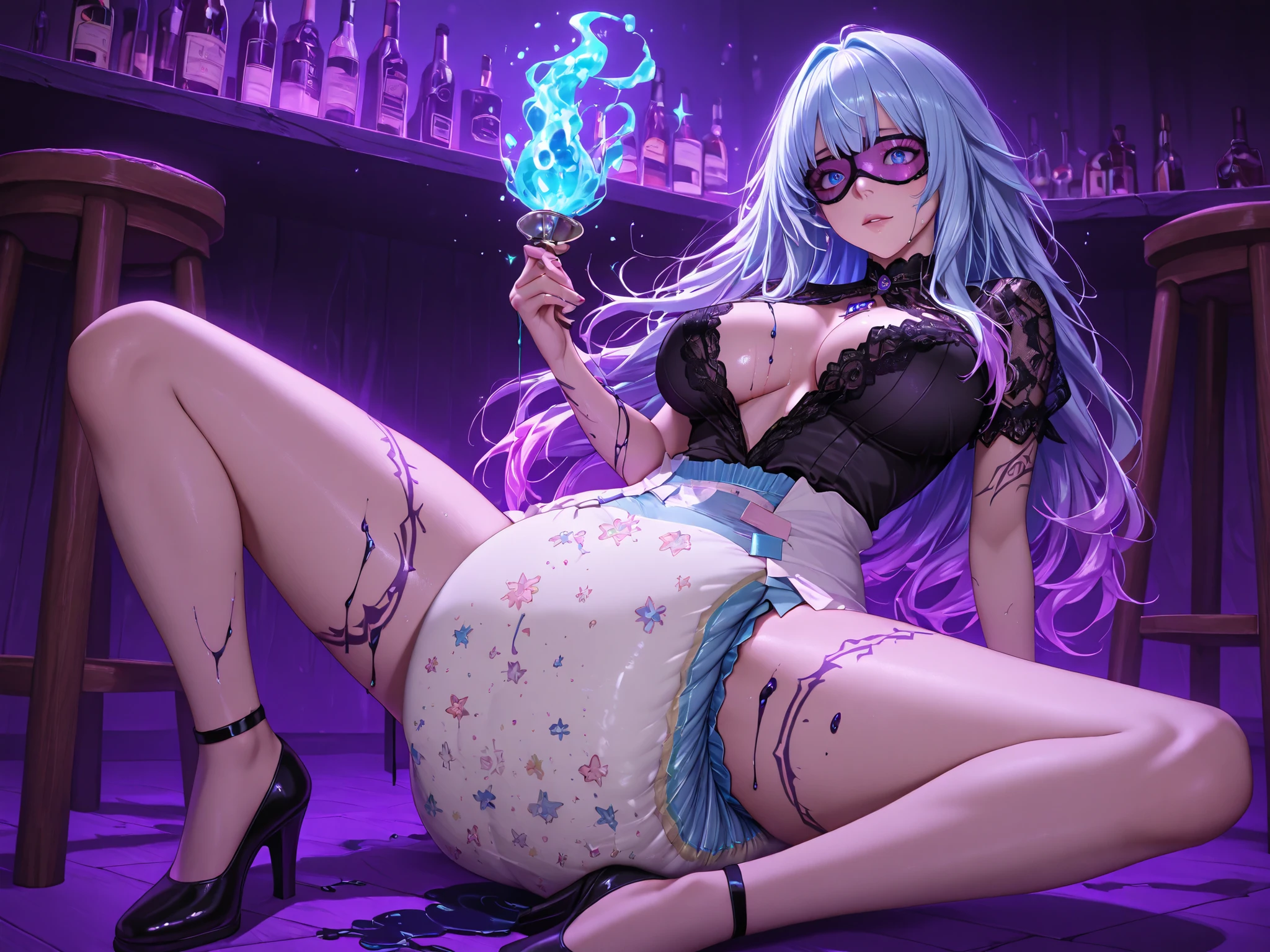 A captivating hyperrealistic digital work that seamlessly blends oil paint, alcohol ink, and colored pencil into a radiant masterpiece. The protagonist is a striking boho-gothic woman who radiates irresistible ease as she  with her hands in her bulging . Her long, luminous hair, in shades of blue, purple, and pink, with white roots, shines like enchanted silk. Her expressive light blue eyes sparkle with subtle purple hues, reflecting mystery. She sits confidently on a stool, sporting a daring adult  so exaggeratedly bulging and full of liquid that it looks like it's about to explode, dripping liquid down the side of the , wetting her legs and the stool. A delicate, unbuttoned black lace blouse contrasts with her vibrant aura, revealing her . Dreamlike tribal tattoos adorn her body, weaving a surreal beauty into this vibrant and captivating creation.  on the floor