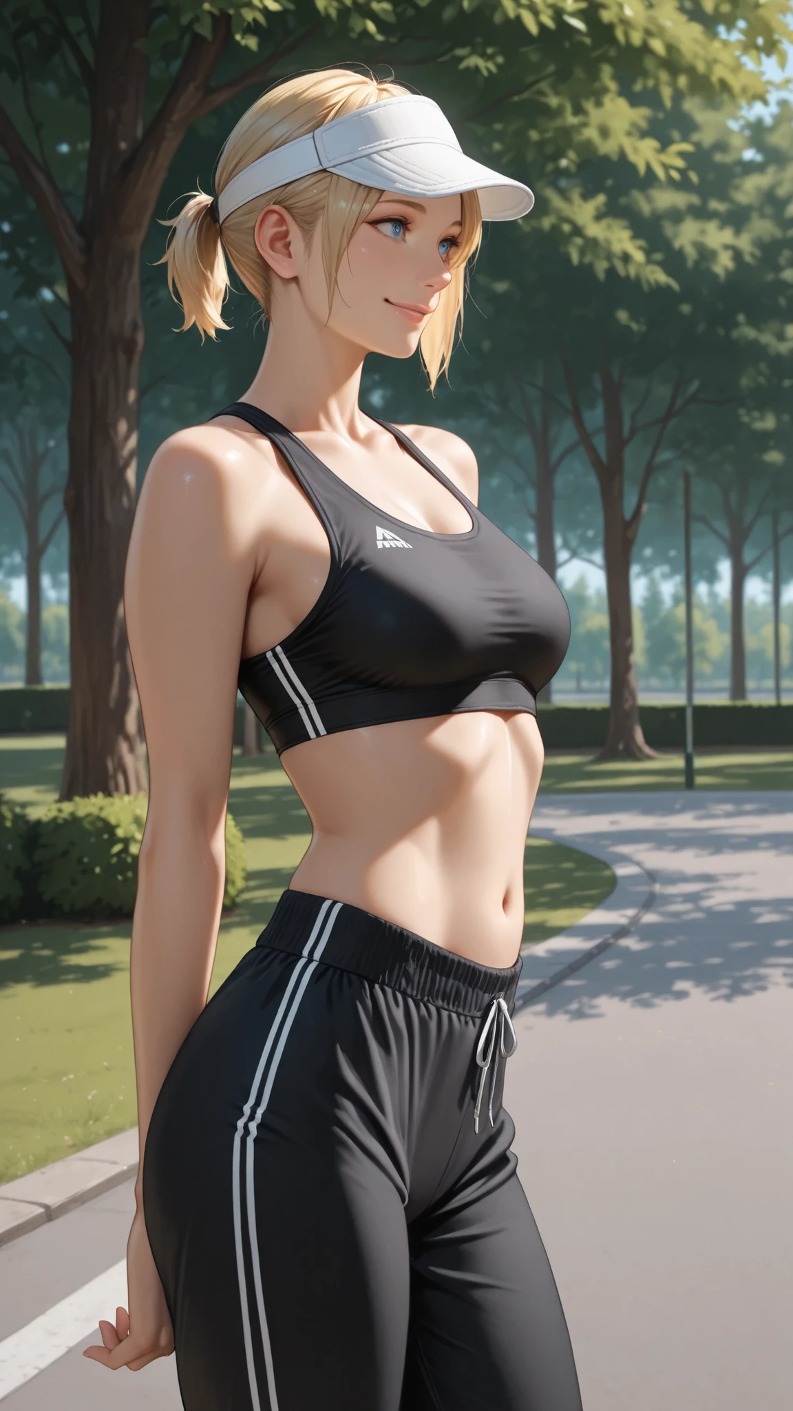 masterpiece, Highest Quality, detail, Realistic, cowboy shot, smile, 1girl, solo, Alice Leo, Blonde, short hair, short ponytail, blue eyes, black sports bra, Black Track Pants, white visor cap, Parks, trees,