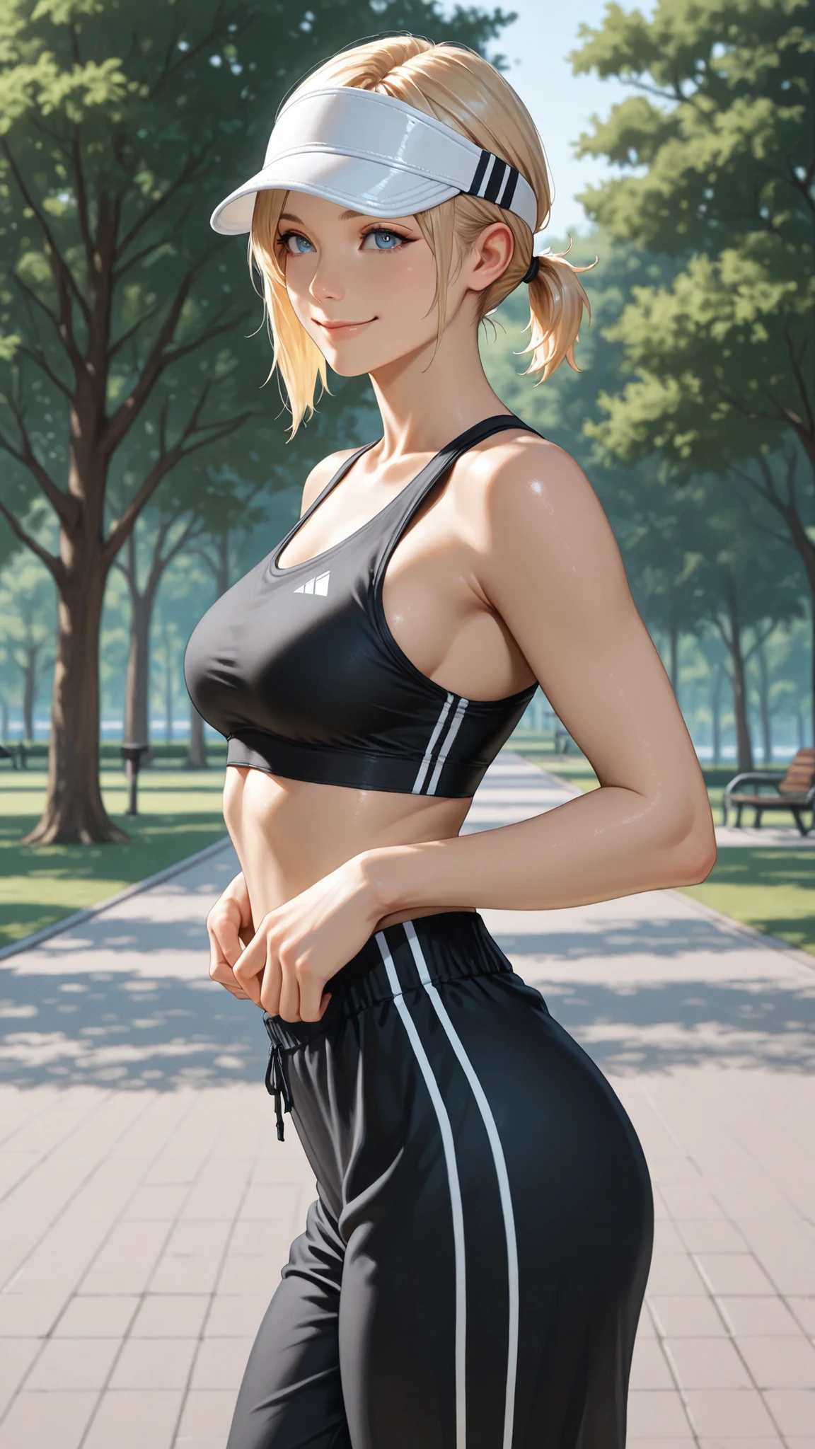 masterpiece, Highest Quality, detail, Realistic, cowboy shot, smile, 1girl, solo, Alice Leo, Blonde, short hair, short ponytail, blue eyes, black sports bra, Black Track Pants, white visor cap, Parks, trees,