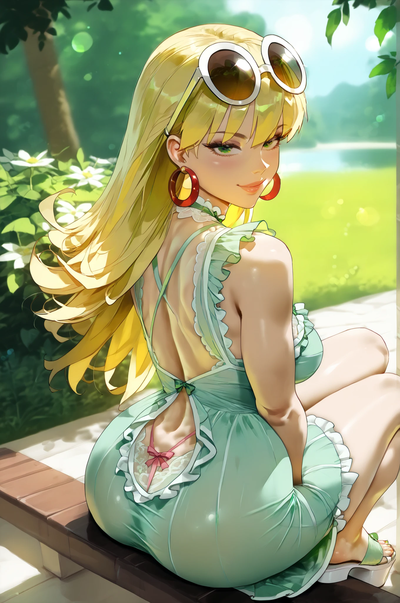 intricate details, specular highlights, perfect lighting, subsurface scattering, masterpiece, best quality, amazing quality, 4k, very aesthetic, high resolution, ultra-detailed, absurdres, newest, scenery, rendered, best quality, masterpiece, official screencap, source_screencap, official style, BREAK, (((leni loud blonde hair bangs, (long lush blonde hair, mid-back length), white rim round sunglasses in head over, eyewear on head, hoop earrings, (((short green sleveless dress))), ((green nightgown)), sandals)))) , highly detailed, detailed face, detailed eyes, , slim sexy body, curvy hips, seductive pose, flirting face, detailed eyes, thick thighs, large hips, big ass, toned, light smile, high quality, masterpiece, perfect artwork, thick female body, voluptuous, wide hips, thick thighs, cowboy pose, hourglass figure , (cinematic lighting:1.2),BREAK ((( NM_undertheskirt, ass, under skirt, skirt lift, tight lace pink thong, sitting, from back)))), , shallow depth of field, vignette, highly detailed, high budget, bokeh, cinemascope, moody, epic, gorgeous, SmoothNegative_Hands, lazypos, BREAK, A close-up of same person on referent photo, slightly high-angle studio fashion photograph of a woman's lower back and buttocks, hips up her curves wearing and keep the original clothes. The lighting is soft, even, and diffused, with a shallow depth of field. The pose emphasizes an elevated hip position ("hips up"), accentuating the natural curvature of the waist and hips. The subject wears form-fitting clothing that clings smoothly to the body, highlighting the sculpted silhouette without distortion.