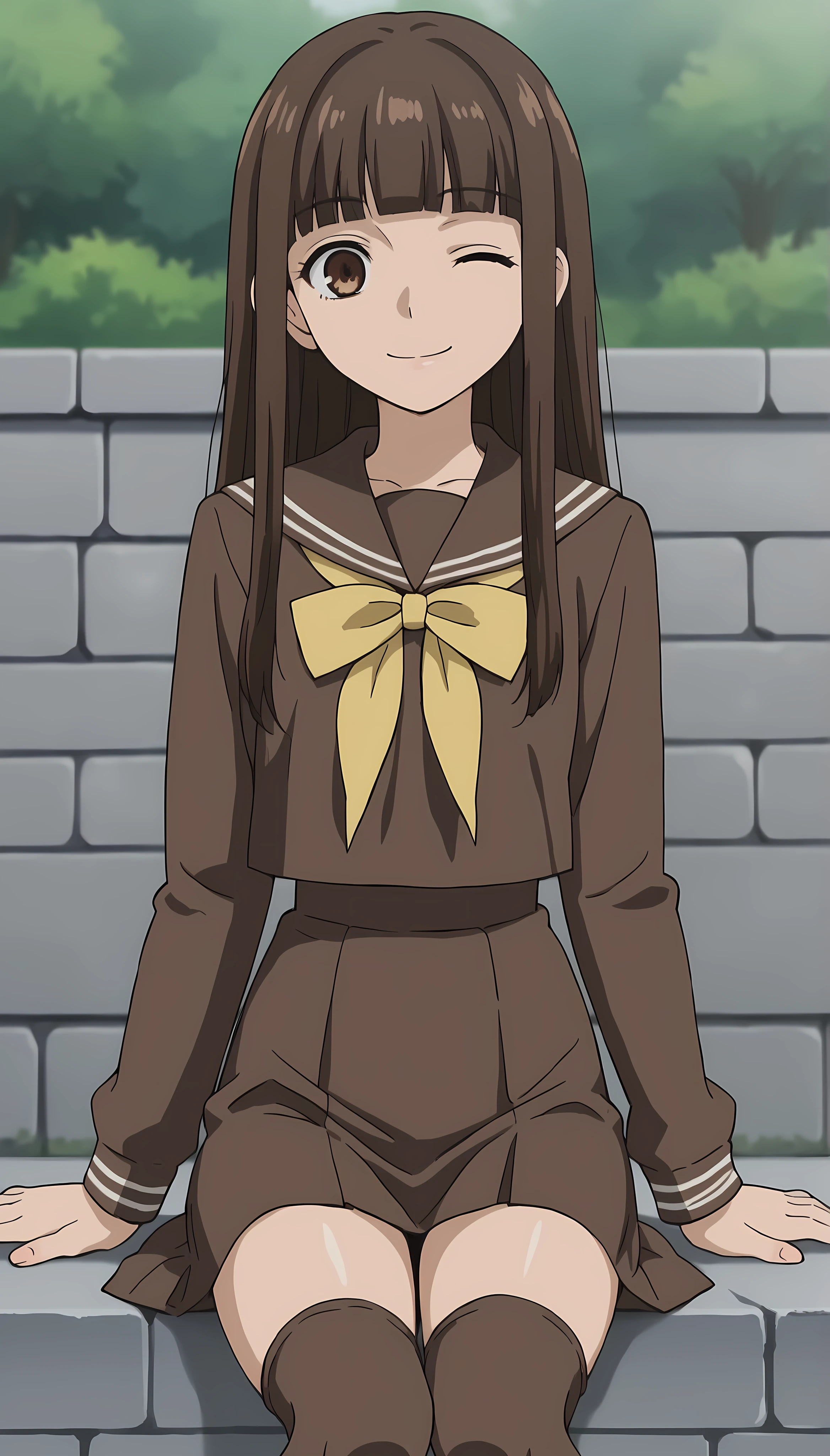 score_9, score_8_up, score_7_up, source_anime, anime screenshot, outdoor, front view
1girl, solo, one eye closed, brown hair, brown eyes, Haruhi, long hair, brown school uniform outfit, yellow details on uniform, brown blouse, long sleeves, yellow ribbon, brown skirt, pencil skirt, long hair, serafuku, blunt bangs, brown thighhighs, sitting on a stone ledge, smiling, one eye closed
