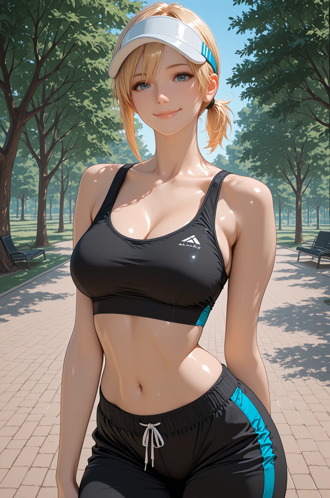 masterpiece, Highest Quality, detail, Realistic, cowboy shot, smile, 1girl, solo, Alice Leo, Blonde, short hair, short ponytail, blue eyes, black sports bra, Black Track Pants, white visor cap, Parks, trees,