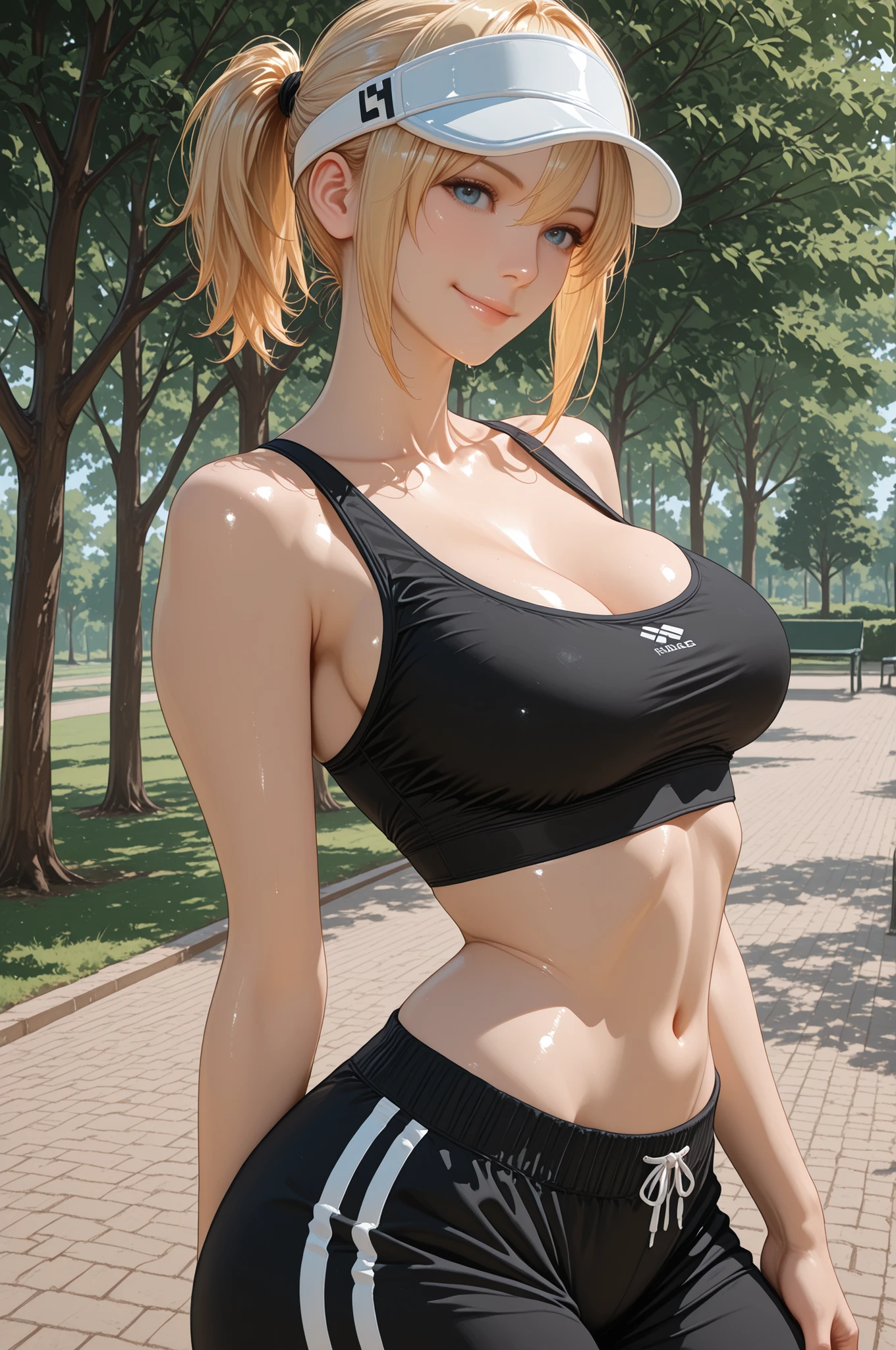 masterpiece, Highest Quality, detail, Realistic, cowboy shot, smile, 1girl, solo, Alice Leo, Blonde, short hair, short ponytail, blue eyes, black sports bra, Black Track Pants, white visor cap, Parks, trees,