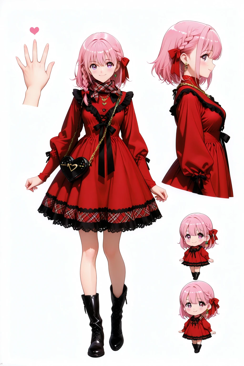 Sure。
「little character」and change the、 instead 「Another angle」Add a depiction of、moreover「remove the depiction of the white bear doll」to a depiction of holding or lying on its side by default。

modified character sheet prompt:

multiple views of the same character, model sheet, character sheet, (IBG), ((((masterpiece)))), ((((top quality)))), (High resolution), (32K), (very very highly detailed), (Best illustration), (best quality), (super detailed), (Detailed and delicate face), (beautiful and delicate eyes), (beautiful detailed eyes), (intricate detail), (highly detailed), (ultra HD), (perfect lighting), (extremely detailed CG), (perfect), (perfect hands), (perfect fingers), (perfect legs), (smooth soft skin), (absurdres), (cinematic scale), 1girl, solo,
cute anime heroine, about 18 years old, petite height, full body, (front view), (side view), (back view),
Kyoto Animation style, heroine character design inspired by Masakazu Katsura, Similar to Yoshizuki Iori,
pink hair, (braided hair:1.4), (side braid:1.4), ribbon hair accessory, cute hairpin,
finely detailed face, expressive detailed eyes, glossy hair, delicate necklace, small earrings,
natural smile, adorable expression, joyful playful energy, (:0.7),
velvet dress with lace trim and frills, leather boots with ribbon bow, plaid pattern scarf, heart-shaped handbag,
(holding white teddy bear:1.3), (white teddy bear on side:1.2), fluffy texture, ribbon on bear,
full body, standing, relaxed posture, slight soft smile, neutral gaze, no special lighting, plain white background, no scenery