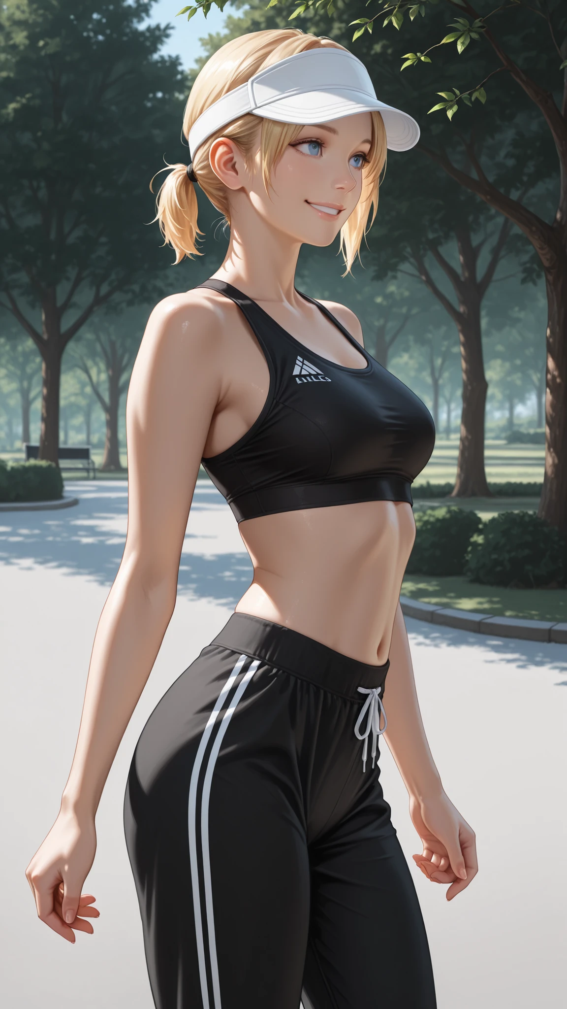 masterpiece, Highest Quality, detail, Realistic, cowboy shot, smile, 1girl, solo, Alice Leo, Blonde, short hair, short ponytail, blue eyes, black sports bra, Black Track Pants, white visor cap, Parks, trees,