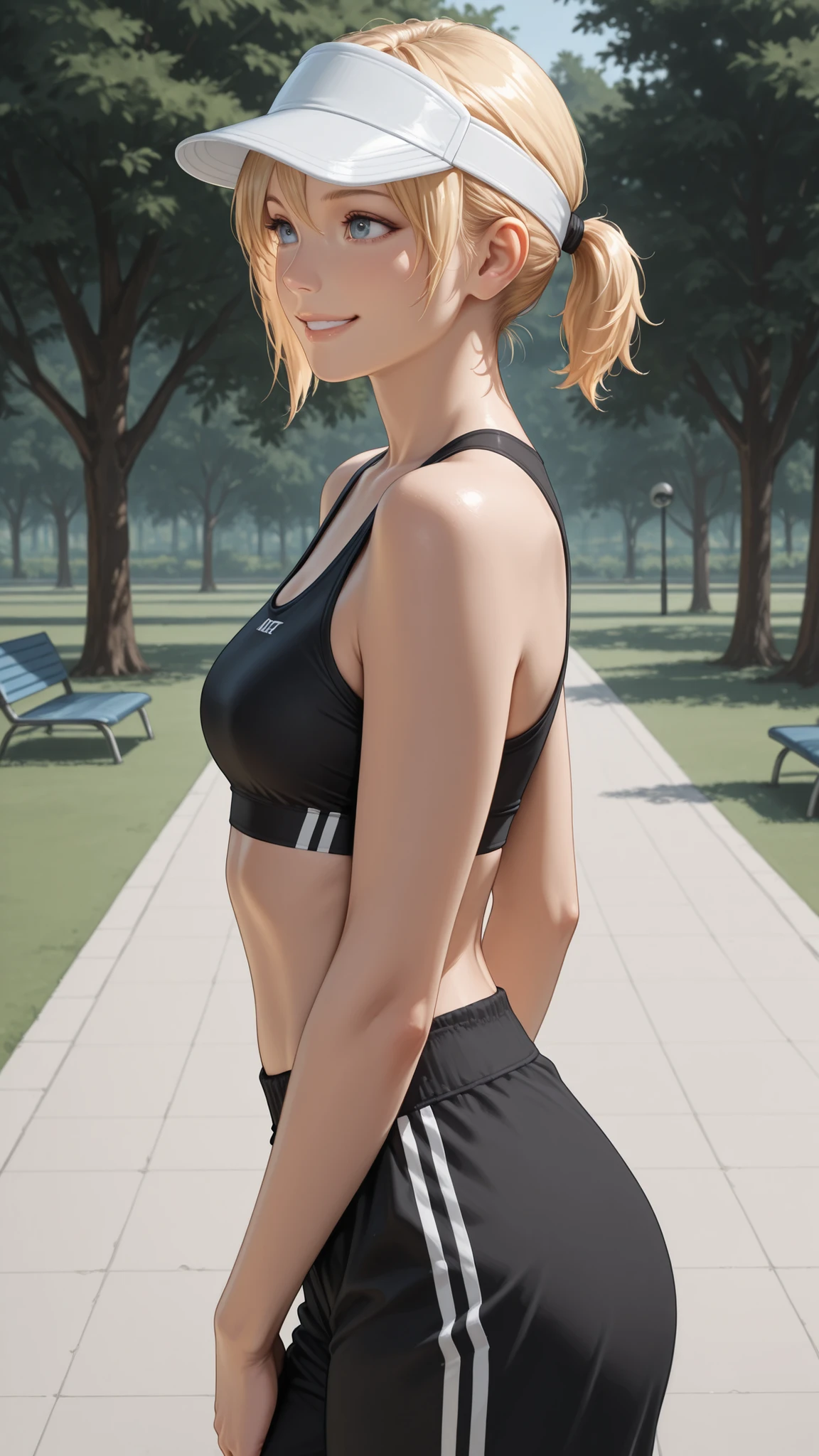 masterpiece, Highest Quality, detail, Realistic, cowboy shot, smile, 1girl, solo, Alice Leo, Blonde, short hair, short ponytail, blue eyes, black sports bra, Black Track Pants, white visor cap, Parks, trees,