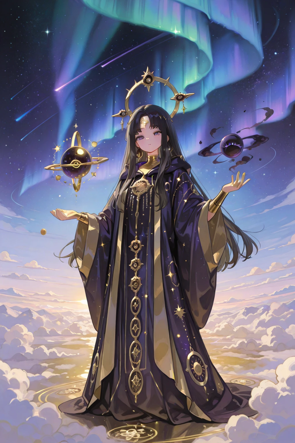 Woman with very long wavy black hair tan skin, good size breast,  wearing a beautiful dark majenta  glitter dress and smiling up. Little, surrounded by outerspace, planets, and galaxies