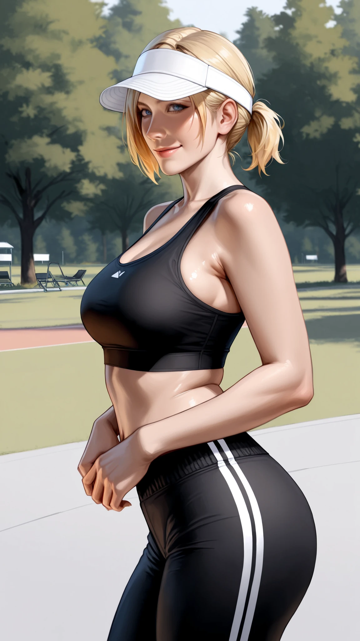 masterpiece, Highest Quality, detail, Realistic, cowboy shot, smile, 1girl, solo, Alice Leo, Blonde, short hair, short ponytail, blue eyes, black sports bra, Black Track Pants, white visor cap, Parks, trees,