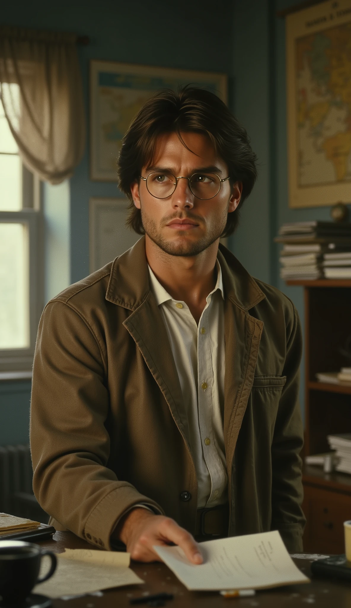 ((Ultrarealism)) (photorealism:1.2), Create an image of a man paranormal investigator, tall, thin with a beard and shoulder-length hair, brown hair, around 35 years old. He wears a slightly loose, light-colored suit, brown pants, a white social shirt , and a beige overcoat, and intense hazel eyes that reflect tiredness and sadness. Her skin is pale, He has a slim toned body, dressed in a brown trench coat, He wears round glasses like harry potter and a simple discreet watch with a leather strap. A dramatic scene of an investigator standing in a messy office full of scattered files and maps hanging on the walls, on his desk are empty coffee cups and extinguished cigarettes, His expression is unkempt and tired, with visible dark circles under his eyes, and he always has a cigarette in his hand. cinematic lighting, highly detailed, bokeh in the background, 8k, HDR, ultra detailed, dark ambient