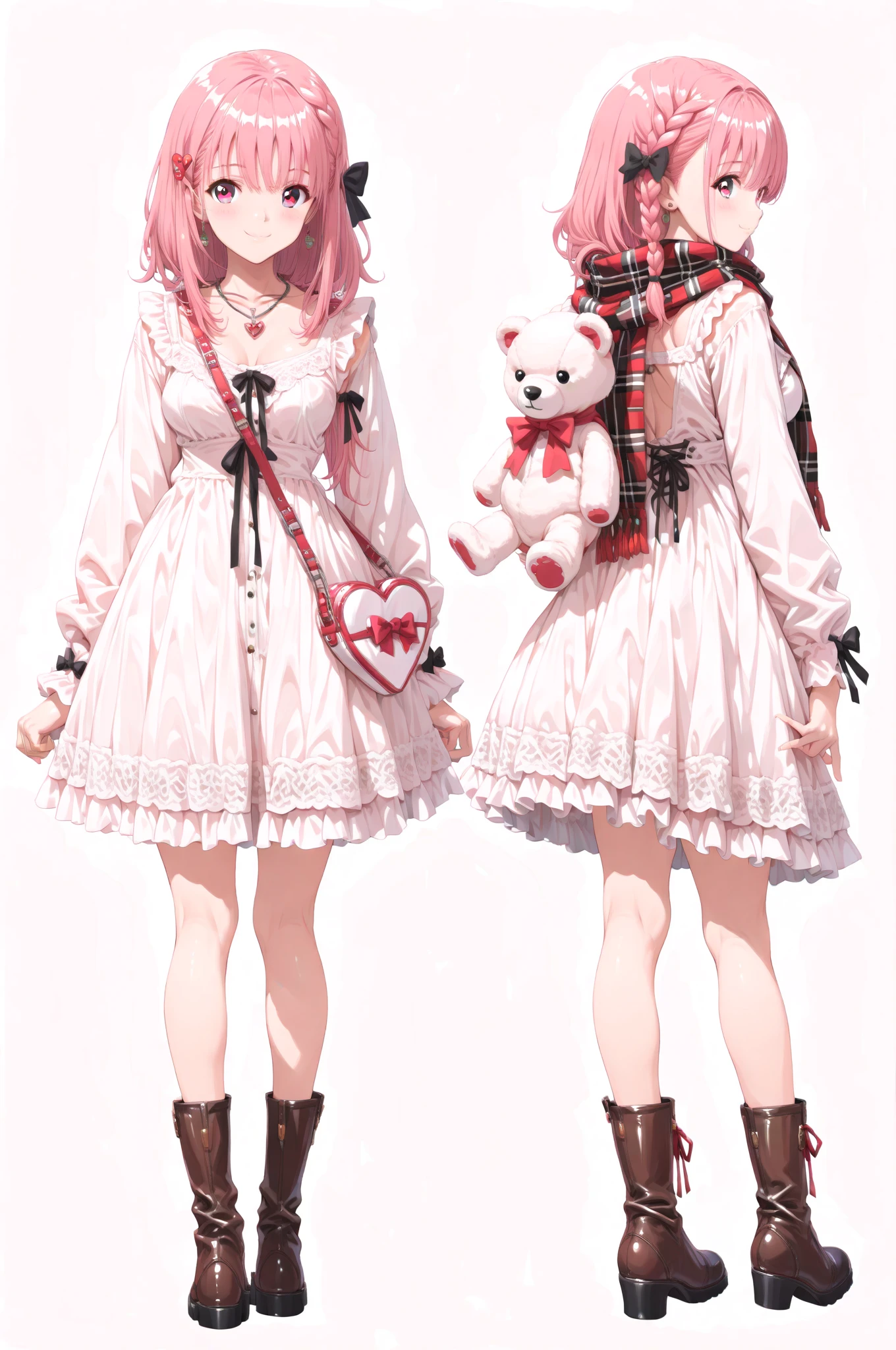 Sure。
「little character」and change the、 instead 「Another angle」Add a depiction of、moreover「remove the depiction of the white bear doll」to a depiction of holding or lying on its side by default。

modified character sheet prompt:

multiple views of the same character, model sheet, character sheet, (IBG), ((((masterpiece)))), ((((top quality)))), (High resolution), (32K), (very very highly detailed), (Best illustration), (best quality), (super detailed), (Detailed and delicate face), (beautiful and delicate eyes), (beautiful detailed eyes), (intricate detail), (highly detailed), (ultra HD), (perfect lighting), (extremely detailed CG), (perfect), (perfect hands), (perfect fingers), (perfect legs), (smooth soft skin), (absurdres), (cinematic scale), 1girl, solo,
cute anime heroine, about 18 years old, petite height, full body, (front view), (side view), (back view),
Kyoto Animation style, heroine character design inspired by Masakazu Katsura, Similar to Yoshizuki Iori,
pink hair, (braided hair:1.4), (side braid:1.4), ribbon hair accessory, cute hairpin,
finely detailed face, expressive detailed eyes, glossy hair, delicate necklace, small earrings,
natural smile, adorable expression, joyful playful energy, (:0.7),
velvet dress with lace trim and frills, leather boots with ribbon bow, plaid pattern scarf, heart-shaped handbag,
(holding white teddy bear:1.3), (white teddy bear on side:1.2), fluffy texture, ribbon on bear,
full body, standing, relaxed posture, slight soft smile, neutral gaze, no special lighting, plain white background, no scenery