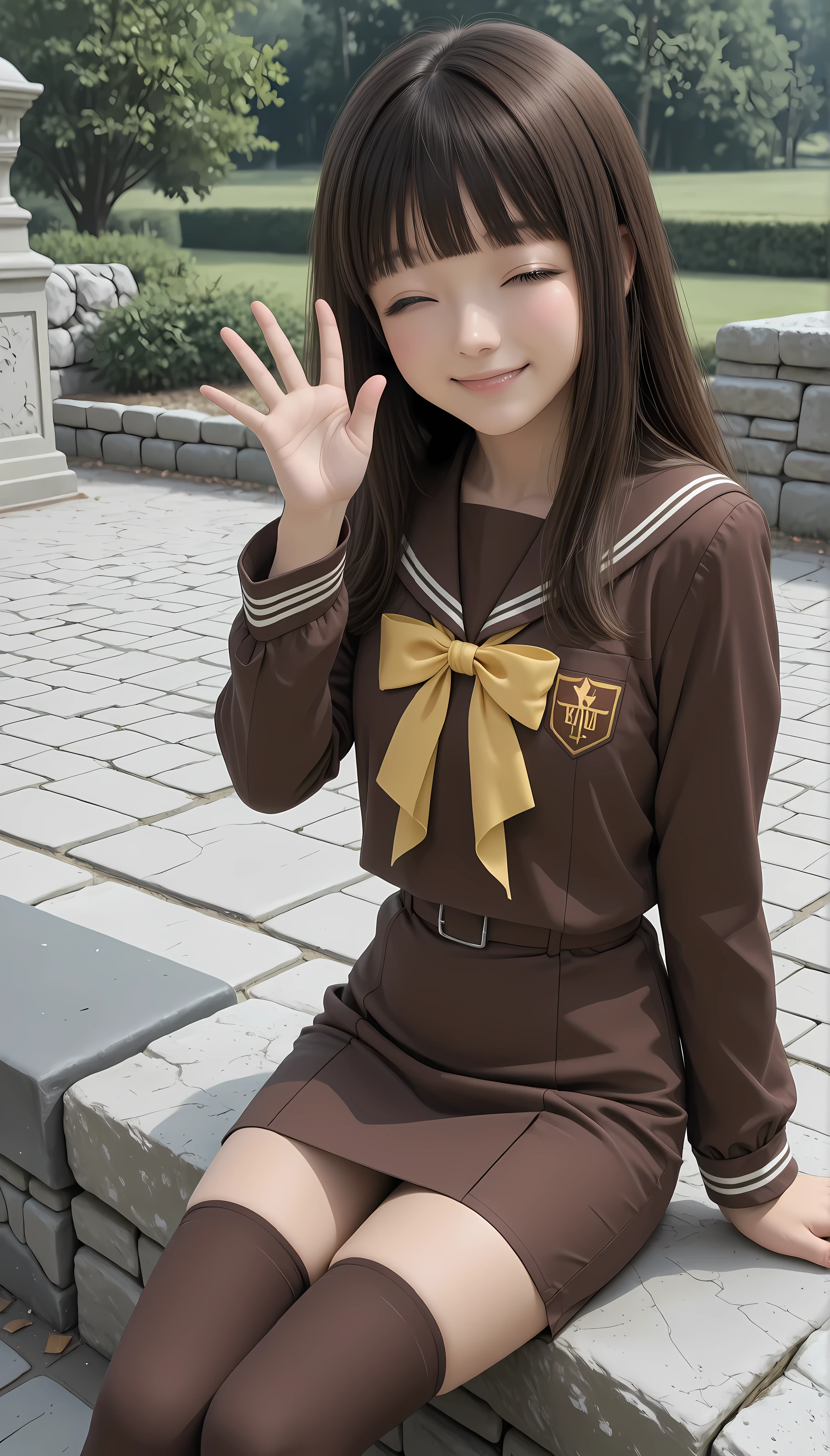 score_9, score_8_up, score_7_up, source_anime, anime screenshot, outdoor, front view
1girl, solo, one eye closed, brown hair, brown eyes, Haruhi, long hair, brown school uniform outfit, yellow details on uniform, brown blouse, long sleeves, yellow ribbon, brown skirt, pencil skirt, long hair, serafuku, blunt bangs, brown thighhighs, sitting on a stone ledge, smiling, one eye closed