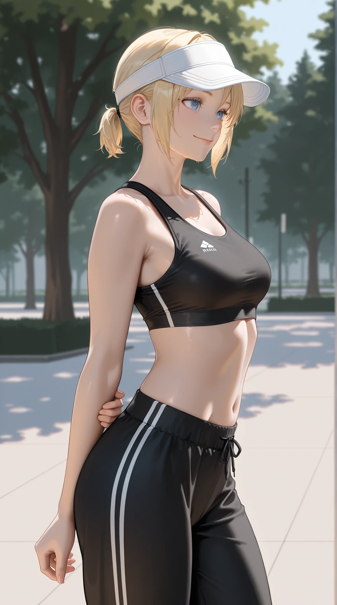 masterpiece, Highest Quality, detail, Realistic, cowboy shot, smile, 1girl, solo, Alice Leo, Blonde, short hair, short ponytail, blue eyes, black sports bra, Black Track Pants, white visor cap, Parks, trees,