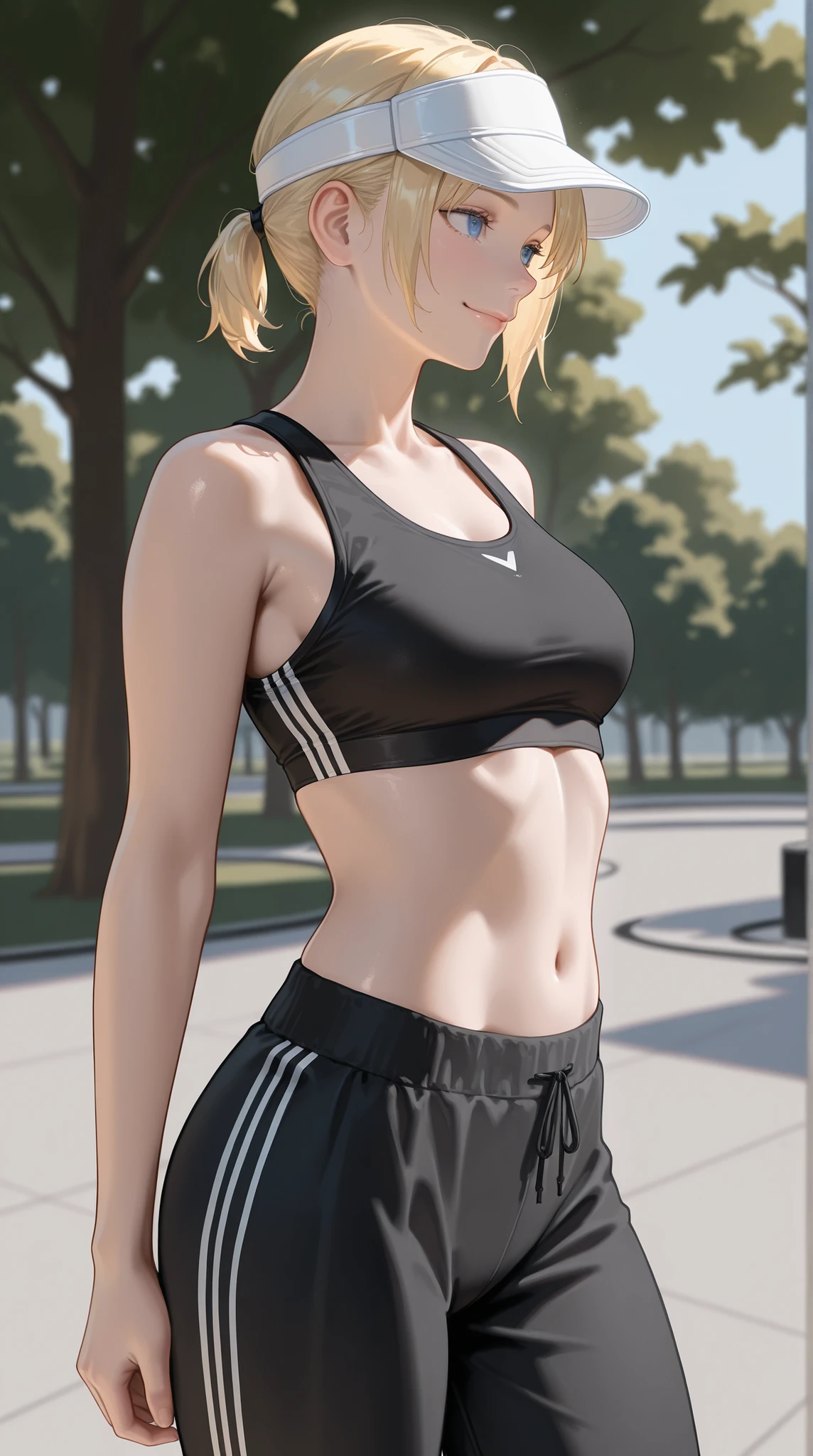 masterpiece, Highest Quality, detail, Realistic, cowboy shot, smile, 1girl, solo, Alice Leo, Blonde, short hair, short ponytail, blue eyes, black sports bra, Black Track Pants, white visor cap, Parks, trees,