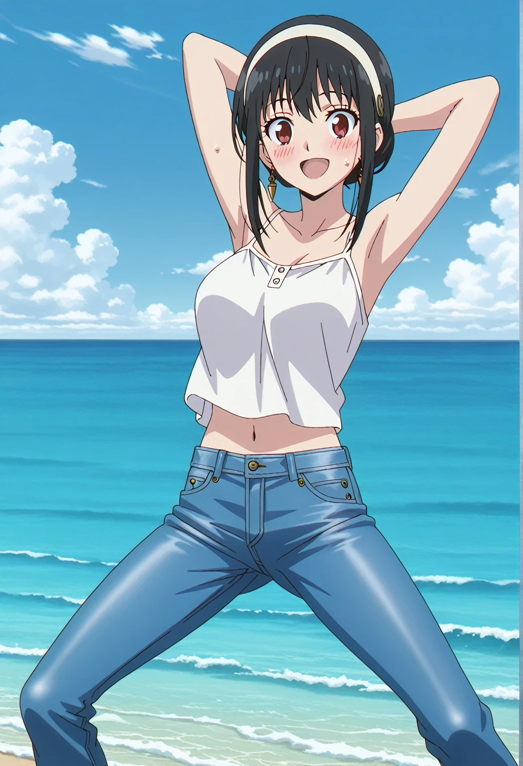 score_9, score_8_up, score_7_up, source_anime, highres, hi res, ((best quality, top quality, perfect quality, Highest Quality, amazing quality)), {{masterpiece}}, {{an extremely delicate and beautiful}}, 2d, intricate details, official style, anime, 8k, anime style, official_anime, official art, digital painting, cell shading, soft shading, high resolution, soothing tones, Subdued Color, Soft cinematic light, adobe lightroom, photolab, HDR, intricately and hyper-detailed, ((high quality animation)), 1 girl, Alone, solo, ((ocean)), tsunami, on the water, day, sunny, outdoors, sky, windy, yor forger, mature, white hairband, earrings, jewelry, sidelocks, anime screencap, , white camisole top, crop top, white crop top, best quality, hyper-detailed jeans, ((blue jeans:1.9)), (dark blue jeans:0.6), full medium body, medium shot, Open mouth, smiling, happy face, blush, sweat, standing, ((arms behind head:6.0)), bowlegged, jumping pose, action, looking at viewer, , Bend knees slightly, straight-on front view