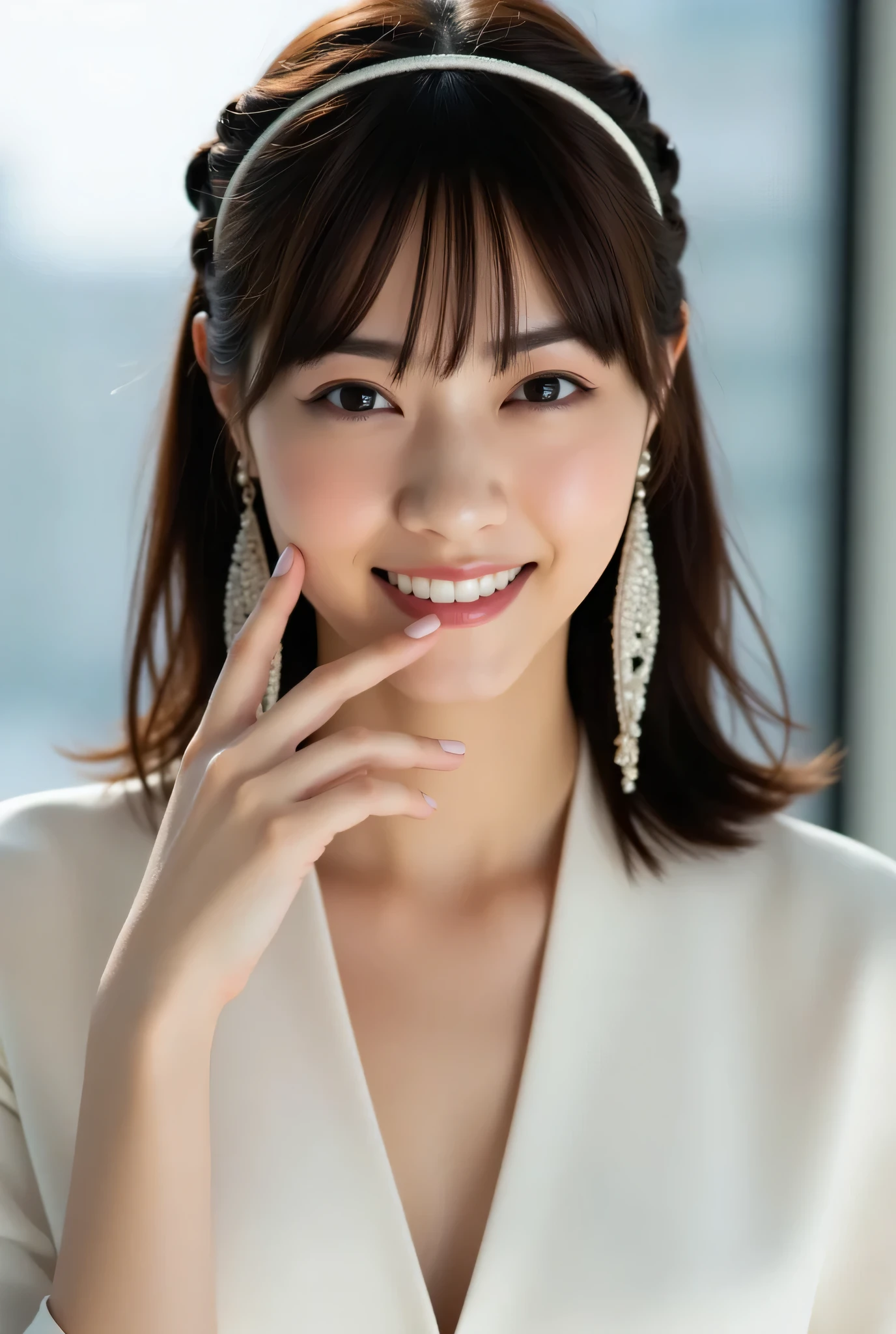 1 Japanese beauty , depth off field, first-person view, f/1.8, 135mm, Nikon, ultra high definition, retina, masterpiece, accurate, anatomically correct, textured skin,Very white skin、 clear skin 、 Super Detail, high detail, high quality, Best Quality, high definition, 1080P, high definition, 8k,(chubby:1.5)、 (big boob:1.5)、(Cleavage of the boob:1.3)、Japanese beauty 1 person,((((A glamorous woman with striking dark eyeshadow in rich plum shades, high-contrast studio lighting creating a moody effect))))、 (she has heterochromia, and her eyes are different colors, which makes her incredibly captivating)、(Drunken Blush Makeup)、round face、She is smiling very happily、she is smiling with squinty eyes、INSANELY BEST SMILE、she is smiling with her mouth open、Her front teeth are neatly arranged、(she has cute little vampire fangs)、(Braided Top Knot,twisted side part ponytail、Braided Headband,half up、Braided Space Bang,voluminous fishtail braid,Twisty Bang)、(She is wearing a silk peplum(white:2.0))、She is in an office、She is sitting in a window seat、I can see a skyscraper city out the window
