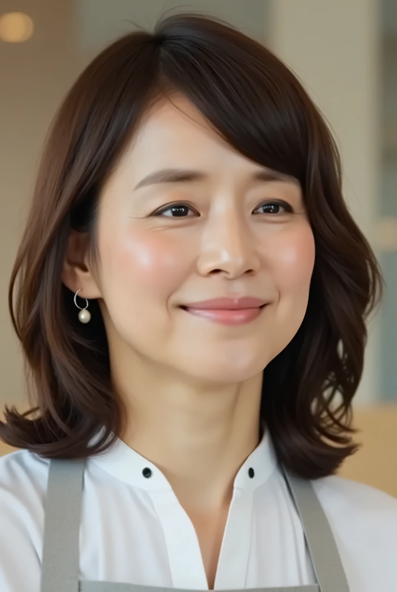 mature women, (Ｖneck shirt、Slit Skirt、Light Grey Apron、)、 (   Detailed Description of Hair ), (    face ), (detailed body description ), High Quality , masterpiece,  最High Quality ,  Very Detailed: 1.4), ( realistic : 1.2, 超 realistic な: 1.1,  realistic: 1.37), ( sharp concentration : 1.4), between Odeco's physical-based rendering and、a woman spinning in the split center、There's a seductive smile in the air。,  wavy hair , ,  unrivaled beauty , (ultimate beauty), (LIPSTICK:1.1), ( Eyeliner :1.2), ( mascara), ( eyeshadow ), (48 years old,: 1.4), Japanese、 close-up 、 faint laugh wrinkles :1.2、 sexy photo shoot at the coffee shop,(Ｖneck shirt、Slit Skirt、Light grey short apron、)、blurry background, (Full Body:1.5)、 crouching down to pick up what fell