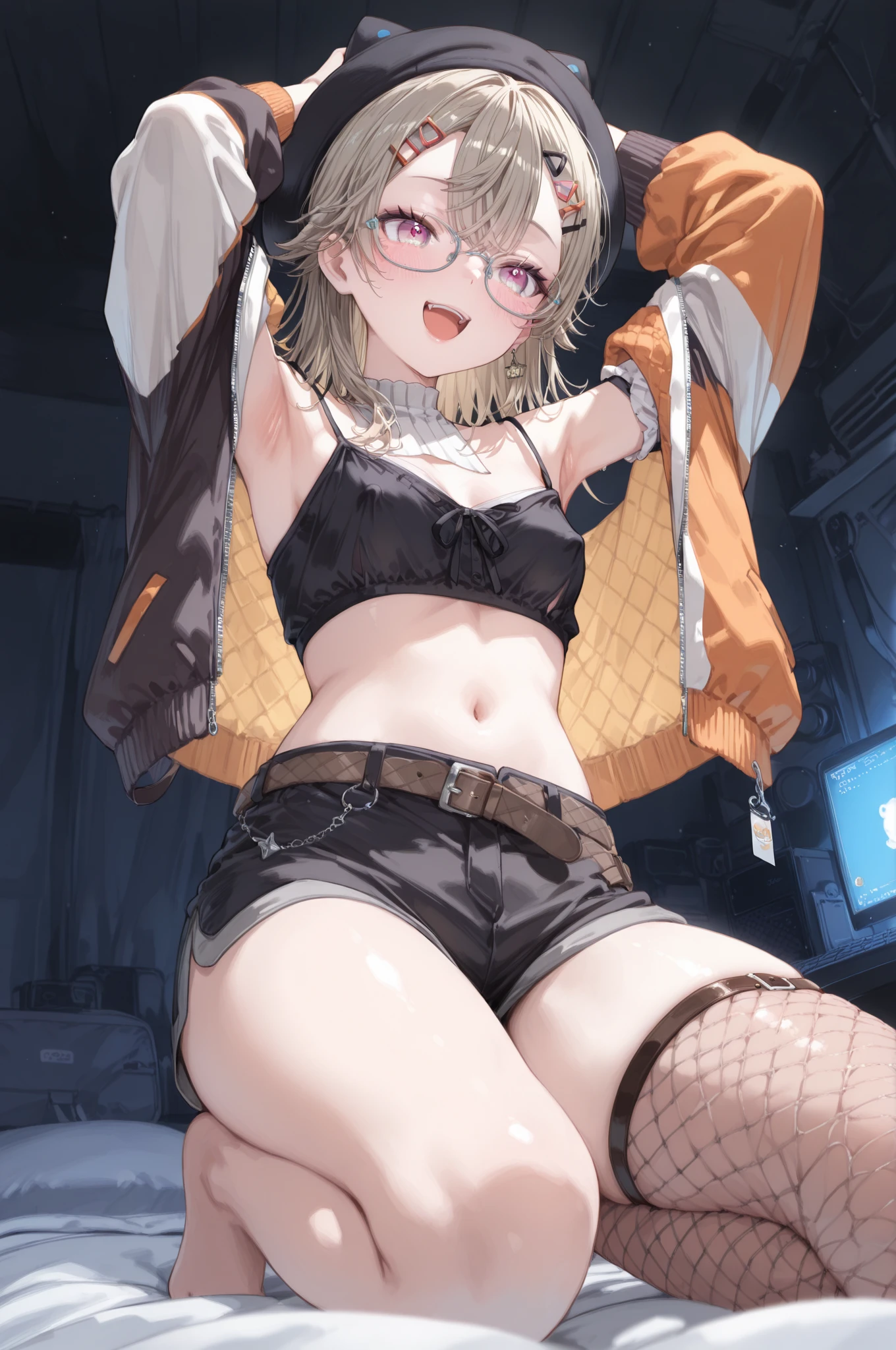 1girl, solo, yorigami jo'on, orange hair, drill hair, eyewear on head, orange eyes, earrings, looking at viewer, crowd, sitting, makeup, morden city, mole under mouth, colored inner hair, blue streaked hair, white streaked hair, bar, night city, T-shirt, Denim shorts, fishnet stockings, stockings, neon lights, sitting, , smile, open mouth, heart in eye