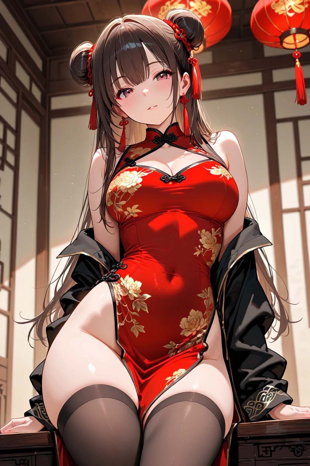 (perfect ???????, anatomically correct, super detailed skin), 1 mature woman, solo, japanese, (detailed ultra-oily shiny skin:1.1), watching the view, (smile:1.5, happiness), 
((chinese costume metallic red wedding dress, black stockings, red lips, ), (embroidered cloth shoes), open ????? wide, valley), 
beautiful hair, beautiful face, beautiful detailed eyes, red eyes, (long hair:1.5, twin tails :1.7), black hair, (?????????????:1.2), (cute face), (Ideal ratio body proportions), 
beautiful clavicle, beautiful body, beautiful ?????, beautiful thigh, beautiful legs, ??????, ???? foot, ???? arm, slender, small ????????, skinny legs, 
(beautiful scenery), wedding background, candlelight night in the cave house, wedding scene, red lantern, festive atmosphere, (kneeling position), (point you by ???), 
(8k, top-quality, masterpiece​:1.2, extremely detailed), (photorealistic), beautiful art, visual art, depth of fields, cinematic lighting, surrealism, elaborate design,