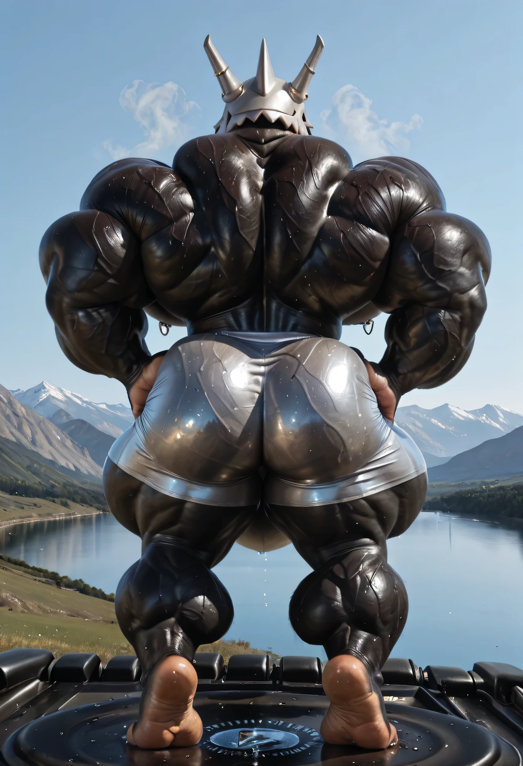 (((by 00b00b43, by morph, by w0lfc0nf))), (((Huge Adult Male muscular bara Furry Anthro Aggron, Aggron from Pokémon, Pokémon Aggron))), (((Solo:2))), (((Position(facing away, both hands are on his hip, standing)))), (((looking at you, extreme low-angle shot))), (((4k, perfect colors, perfect shadows, perfect lighting, clear facial features, BREAK Photorealistic, full body photo, Perfect anatomy, realistic, very Awa, masterpiece, best quality, absurdres, perfect quality, detailed background, intricate details))), (((Photorealistic On a Mountain near a lake))), (((Huge Veiny muscular Body, muscular, Huge muscular bodybuilder body, manly, bara, kemono, hyper muscular, Huge muscular bulging muscles, Huge muscular bulging ABS, Huge muscular bulging pecs, Huge muscular bubble butt, Huge muscular thighs, Huge muscular calves, Huge muscular Thick Neck, Huge muscular Shoulders))), (((Photorealistic Furry anthro Aggron Plates of Silver Armor:1.5, Photorealistic Aggron Black Skin:1.5, Detail Furry anthro Aggron Tail, Photorealistic Furry anthro bara Chiseled Aggron head, Realistic bright Blue Aggron Eyes:1.5, black sclera:1.5, Furry anthro Aggron fangs))), (((Very hairy body:1.5, Smug Expression:1.5, perfect male figure))), (((Nipple Piercings, piercings, rings))), (((Photorealistic human hands, human flesh tone hand palms, large hands, plantigrade feet, human feet, huge feet, Soles, human flesh tone footpads, finger claws, 5 fingers:1.5, 5 toes:1.5, toe claws, Aggron Black Flesh Tone Puffy nipples, 10 feet tall:1.5))), (((wearing a wet tight transparent men athletic shorts:1.5))), (((Sweaty Body:1.5, body steam:1.5))),