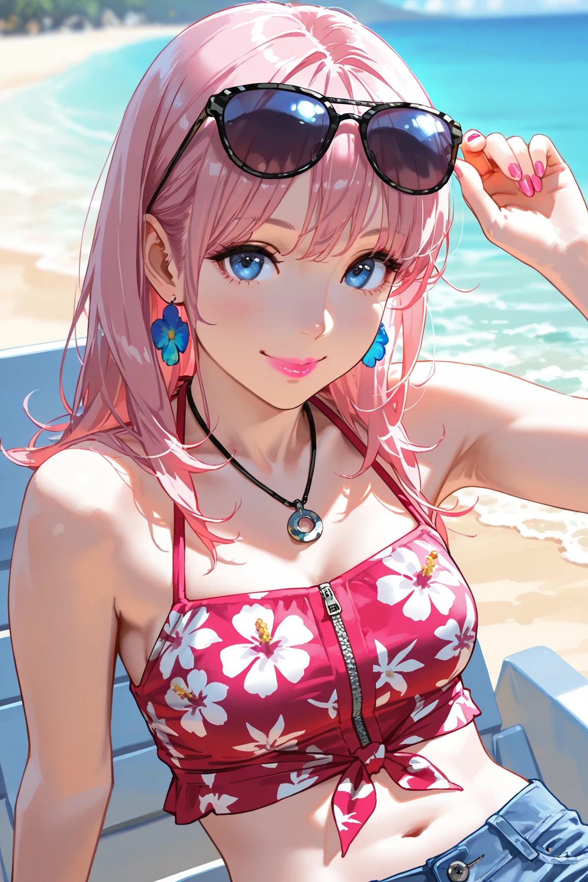 (Masterpiece, BestQuality:1.3), (ultra detailed:1.2), (hyperrealistic:1.3), (RAW photo:1.2), High detail RAW color photo, professional photograph, (Photorealistic:1.4), (realistic:1.4), professional lighting, perfect , (:1.2), (blush, detailed face), (cheerful Smile:1.5), Trending Hair&Trending Hairカラーをランダムに, earrings, necklace, bracelet, sexly, sexly, Random gravure poses, (A beautiful pink-haired woman wearing a purple summer dress、Smiling and posing while dancing at a summer beach party。:1.3)