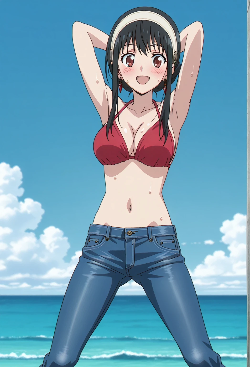 score_9, score_8_up, score_7_up, source_anime, highres, hi res, ((best quality, top quality, perfect quality, Highest Quality, amazing quality)), {{masterpiece}}, {{an extremely delicate and beautiful}}, 2d, intricate details, official style, anime, 8k, anime style, official_anime, official art, digital painting, cell shading, soft shading, high resolution, soothing tones, Subdued Color, Soft cinematic light, adobe lightroom, photolab, HDR, intricately and hyper-detailed, ((high quality animation)), 1 girl, Alone, solo, ((ocean)), tsunami, on the water, day, sunny, outdoors, sky, windy, yor forger, mature, white hairband, earrings, jewelry, sidelocks, anime screencap, , red  top, best quality, hyper-detailed jeans, ((blue jeans:1.9)), (dark blue jeans:0.6), full medium body, medium shot, Open mouth, smiling, happy face, blush, sweat, standing, ((arms behind head:6.0)), bowlegged, sliding pose, action, looking at viewer, , Bend knees slightly, straight-on front view