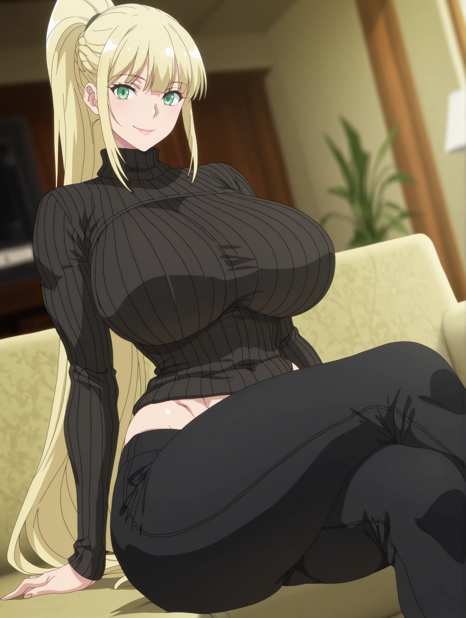 newest , masterpiece , anime screencap , anime coloring , 1girl, Mature Female, erikadg,
ponytail, blonde hair, green eyes, lips, smile, ractical body shape, glamorous bodies, attractive bodies, big Curvy, Slutty, Neat, big breasts, big buttocks, thick thighs, Toned thighs, ((black turtleneck sweater, black pants,)), sitting , crossed legs , from front , dutch angle , (looking at viewer) , (cowboy shot) , living room , blurred background, (((Sexy,))),