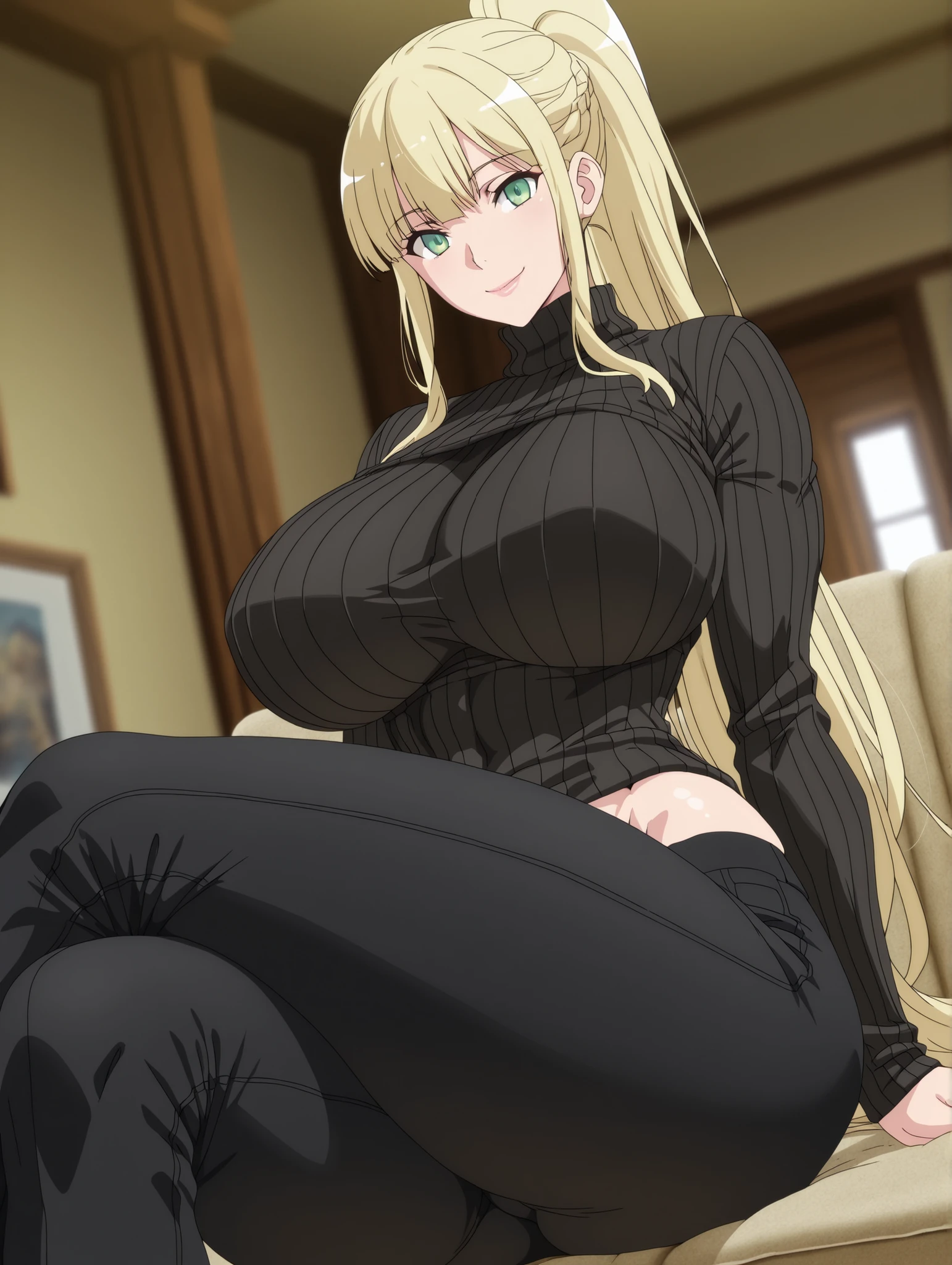 newest , masterpiece , anime screencap , anime coloring , 1girl, Mature Female, erikadg,
ponytail, blonde hair, green eyes, lips, smile, ractical body shape, glamorous bodies, attractive bodies, big Curvy, Slutty, Neat, big breasts, big buttocks, thick thighs, Toned thighs, ((black turtleneck sweater, black pants,)), sitting , crossed legs , from front , dutch angle , (looking at viewer) , (cowboy shot) , living room , blurred background, (((Sexy,))),