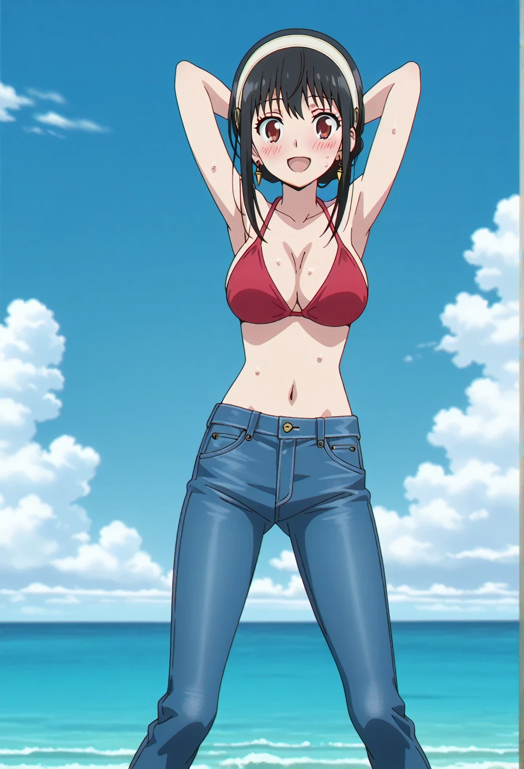 score_9, score_8_up, score_7_up, source_anime, highres, hi res, ((best quality, top quality, perfect quality, Highest Quality, amazing quality)), {{masterpiece}}, {{an extremely delicate and beautiful}}, 2d, intricate details, official style, anime, 8k, anime style, official_anime, official art, digital painting, cell shading, soft shading, high resolution, soothing tones, Subdued Color, Soft cinematic light, adobe lightroom, photolab, HDR, intricately and hyper-detailed, ((high quality animation)), 1 girl, Alone, solo, ((ocean)), tsunami, on the water, day, sunny, outdoors, sky, windy, yor forger, mature, white hairband, earrings, jewelry, sidelocks, anime screencap, , red  top, best quality, hyper-detailed jeans, ((blue jeans:1.9)), (dark blue jeans:0.6), full medium body, medium shot, Open mouth, smiling, happy face, blush, sweat, standing, ((arms behind head:6.0)), bowlegged, sliding pose, action, looking at viewer, , Bend knees slightly, straight-on front view
