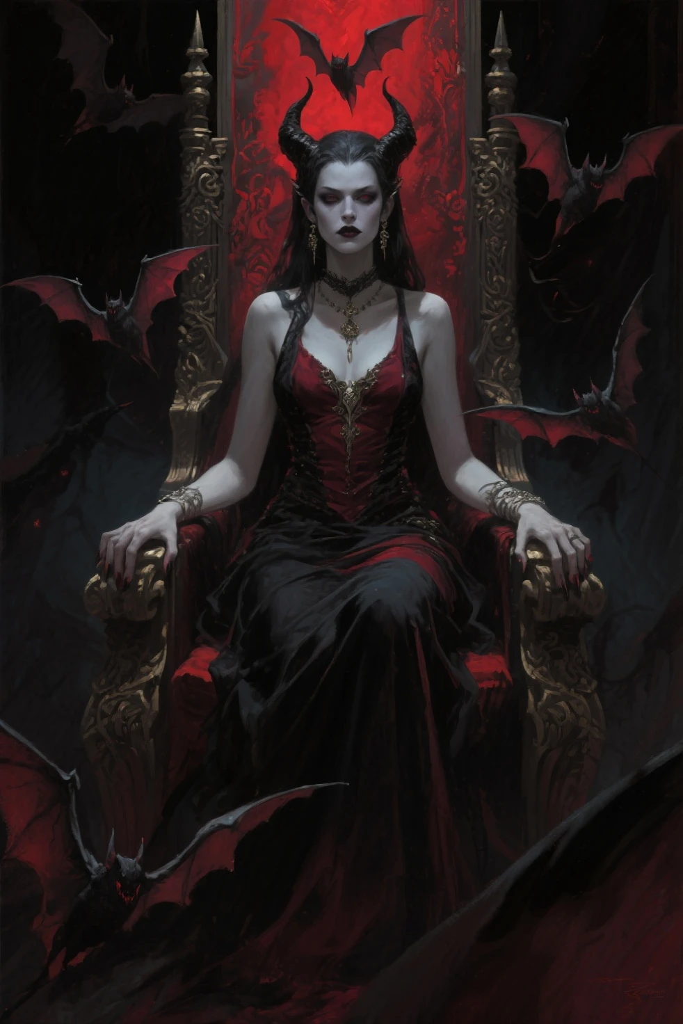 female vampire countess, evil, has long black hair, wearing regal black dress, sitting on throne