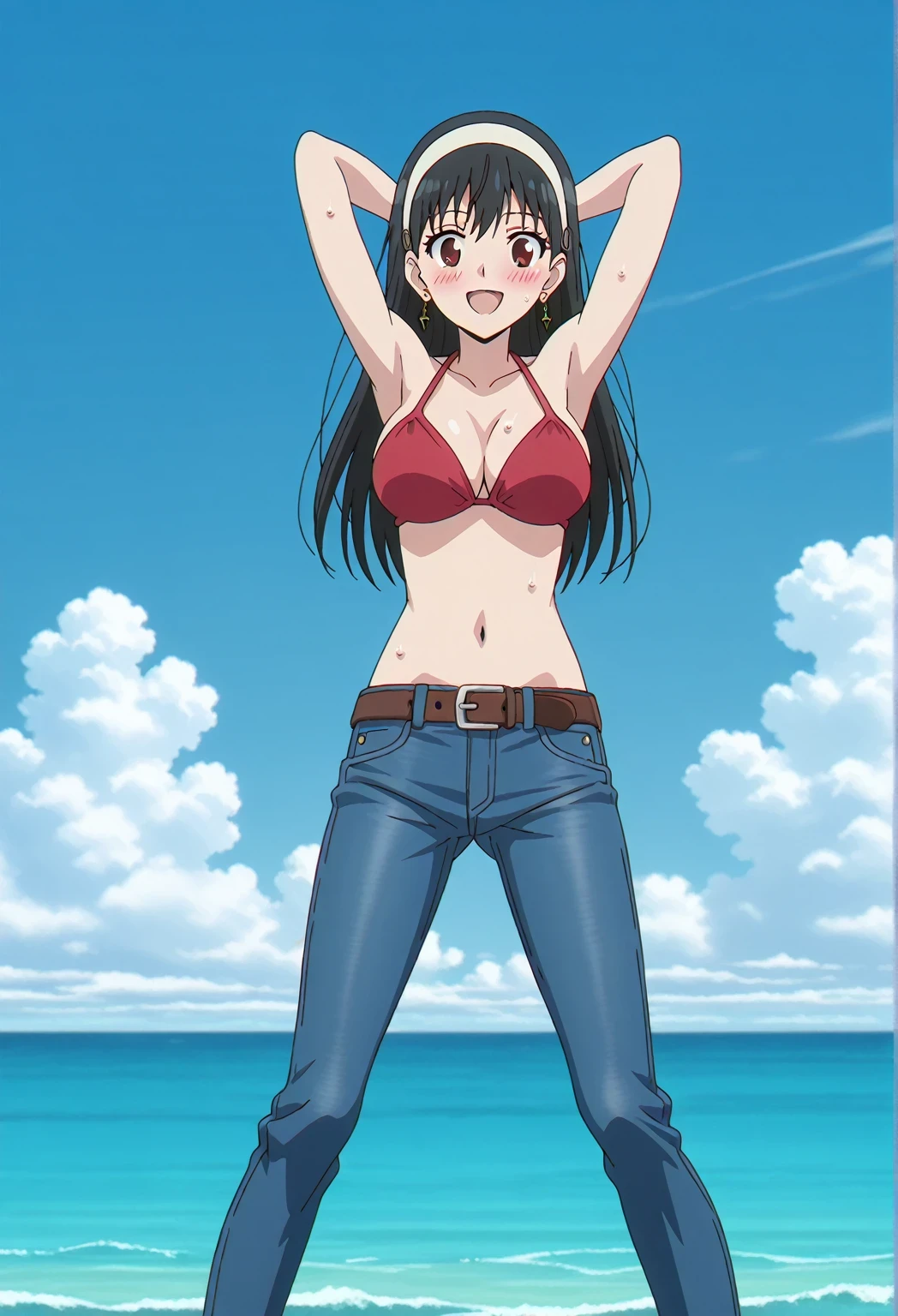 score_9, score_8_up, score_7_up, source_anime, highres, hi res, ((best quality, top quality, perfect quality, Highest Quality, amazing quality)), {{masterpiece}}, {{an extremely delicate and beautiful}}, 2d, intricate details, official style, anime, 8k, anime style, official_anime, official art, digital painting, cell shading, soft shading, high resolution, soothing tones, Subdued Color, Soft cinematic light, adobe lightroom, photolab, HDR, intricately and hyper-detailed, ((high quality animation)), 1 girl, Alone, solo, ((ocean)), tsunami, on the water, day, sunny, outdoors, sky, windy, yor forger, mature, white hairband, earrings, jewelry, long hair, anime screencap, , red  top, best quality, belt, brown belt, hyper-detailed jeans, ((blue jeans:1.9)), (dark blue jeans:0.6), full medium body, medium shot, Open mouth, smiling, happy face, blush, sweat, standing, ((arms behind head:6.0)), bowlegged, sliding pose, action, looking at viewer, , Bend knees slightly, straight-on front view