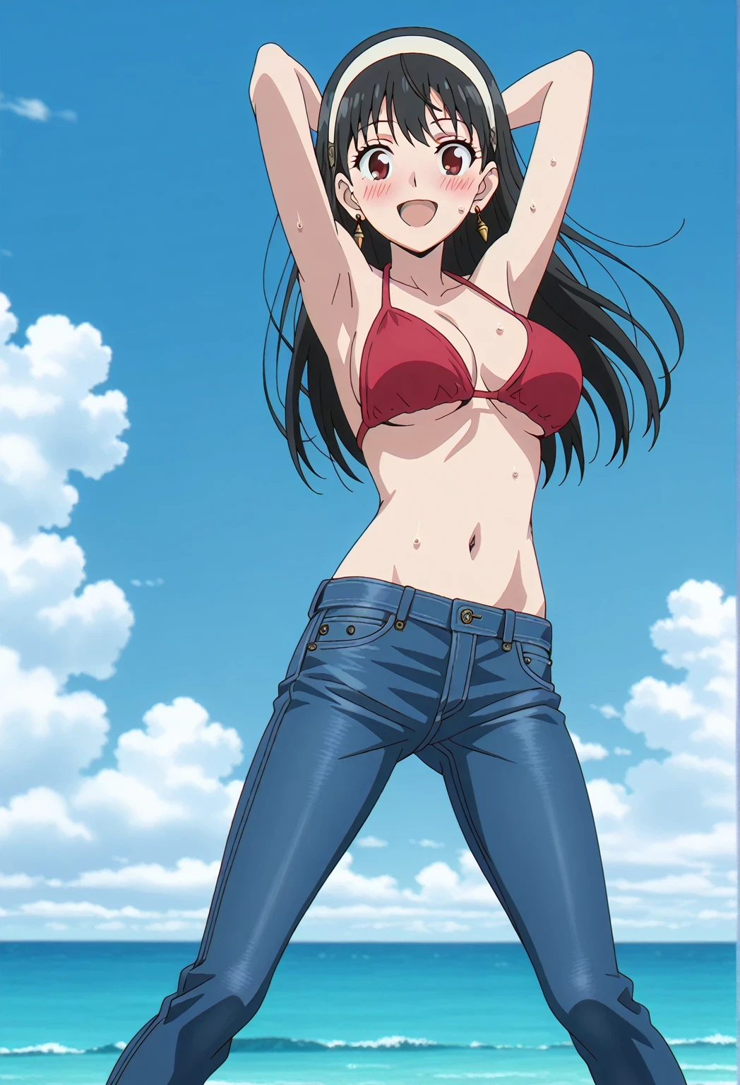 score_9, score_8_up, score_7_up, source_anime, highres, hi res, ((best quality, top quality, perfect quality, Highest Quality, amazing quality)), {{masterpiece}}, {{an extremely delicate and beautiful}}, 2d, intricate details, official style, anime, 8k, anime style, official_anime, official art, digital painting, cell shading, soft shading, high resolution, soothing tones, Subdued Color, Soft cinematic light, adobe lightroom, photolab, HDR, intricately and hyper-detailed, ((high quality animation)), 1 girl, Alone, solo, ((ocean)), tsunami, on the water, day, sunny, outdoors, sky, windy, yor forger, mature, white hairband, earrings, jewelry, long hair, anime screencap, , red  top, best quality, hyper-detailed jeans, ((blue jeans:1.9)), (dark blue jeans:0.6), full medium body, medium shot, Open mouth, smiling, happy face, blush, sweat, standing, ((arms behind head:6.0)), bowlegged, sliding pose, action, looking at viewer, , Bend knees slightly, straight-on front view