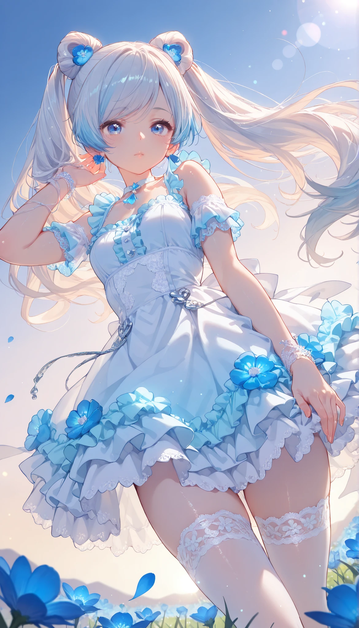 (Best Quality, ultra detailed, masterpiece, 8k, 16k, Wallpaper, Anatomically correct, fine detailed skin, fine detailed eyes, fine detailed hair, fine detailed hands, Accurate hands), 1 girl, super long hair, hight twintail hair, swept bangs, Hair blowing in the wind, outdoor, Flower fields stretching to the horizon, Standing in a field of blue flowers, Blue petals, wearing a gorgeous white princess-dress with lots of pale blue frills, Transparent puff sleeves, (lots of frills and lace:1.6), Panoramic View, dynamic angle, pastel color, Colorful light particles, Depth of Field, bokeh, moya, lens flare, film reflections,