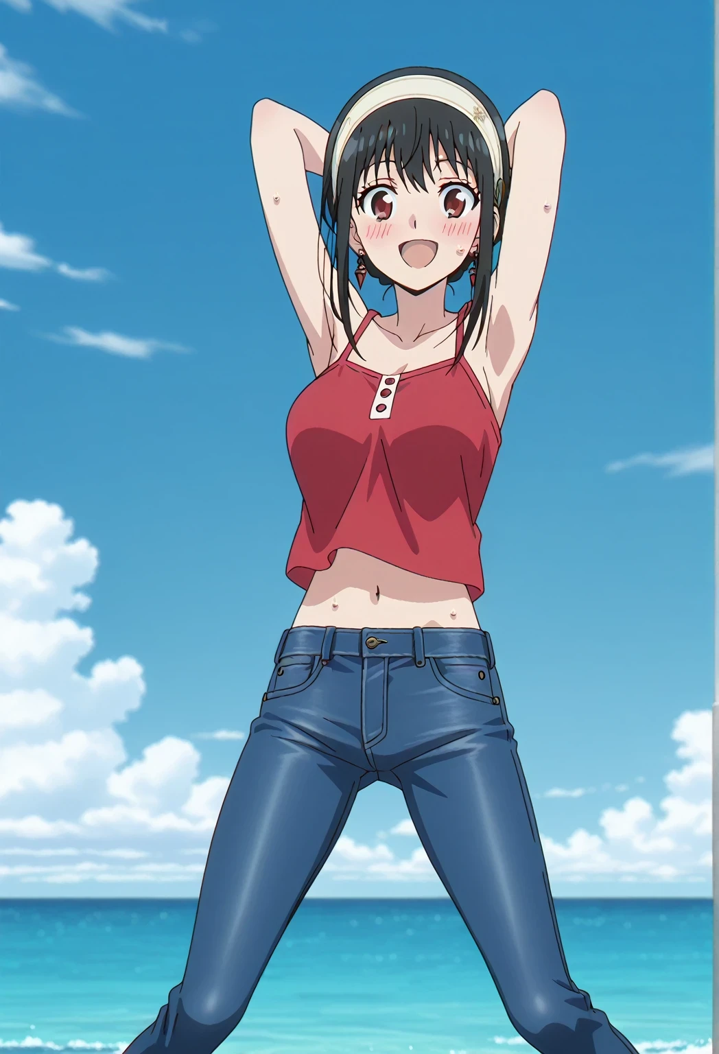 score_9, score_8_up, score_7_up, source_anime, highres, hi res, ((best quality, top quality, perfect quality, Highest Quality, amazing quality)), {{masterpiece}}, {{an extremely delicate and beautiful}}, 2d, intricate details, official style, anime, 8k, anime style, official_anime, official art, digital painting, cell shading, soft shading, high resolution, soothing tones, Subdued Color, Soft cinematic light, adobe lightroom, photolab, HDR, intricately and hyper-detailed, ((high quality animation)), 1 girl, Alone, solo, ((ocean)), tsunami, on the water, day, sunny, outdoors, sky, windy, yor forger, mature, white hairband, earrings, jewelry, sidelocks, anime screencap, , red camisole top, crop top, red crop top, best quality, hyper-detailed jeans, ((blue jeans:1.9)), (dark blue jeans:0.6), full medium body, medium shot, Open mouth, smiling, happy face, blush, sweat, standing, ((arms behind head:6.0)), bowlegged, sliding pose, action, looking at viewer, , Bend knees slightly, straight-on front view