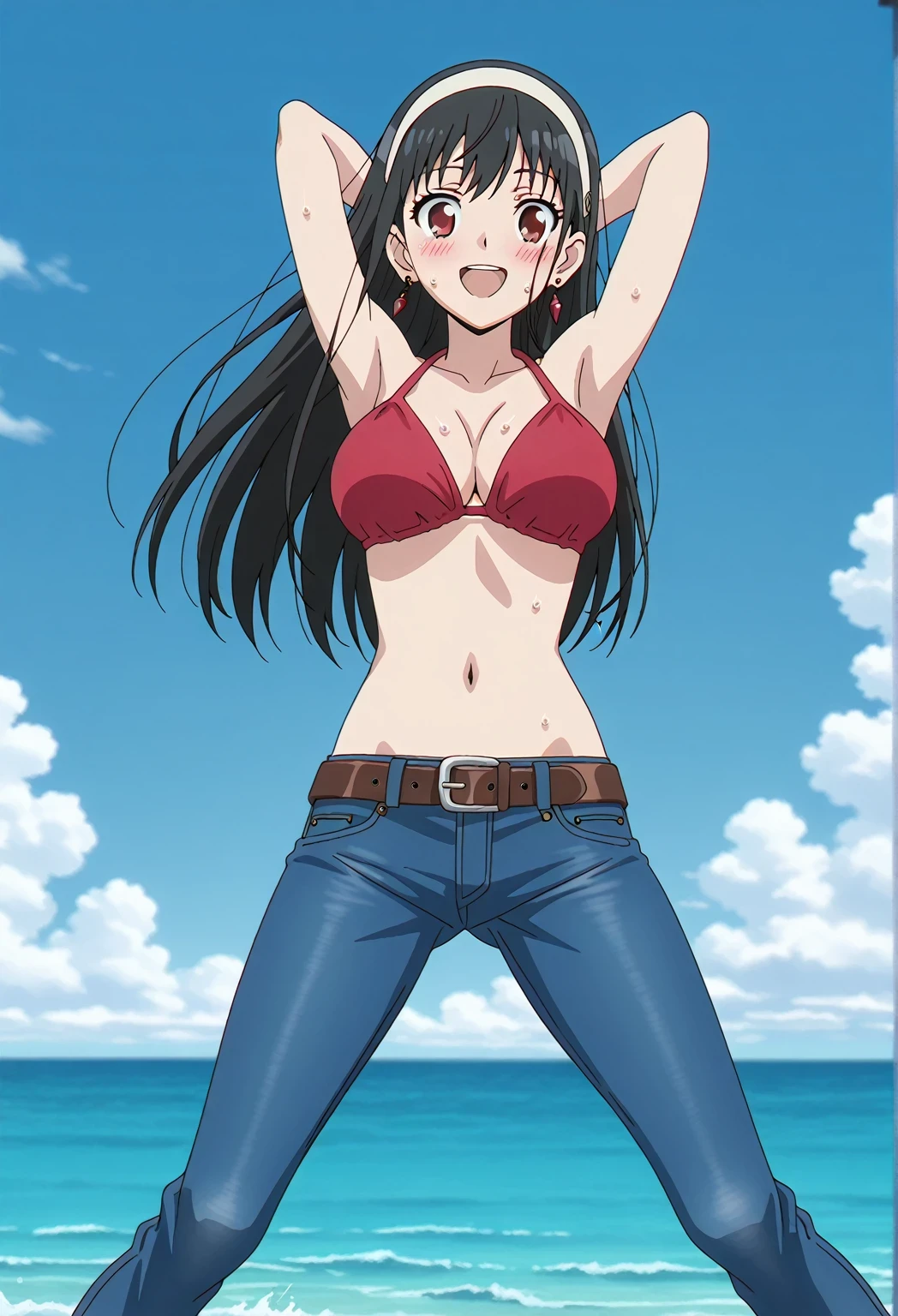 score_9, score_8_up, score_7_up, source_anime, highres, hi res, ((best quality, top quality, perfect quality, Highest Quality, amazing quality)), {{masterpiece}}, {{an extremely delicate and beautiful}}, 2d, intricate details, official style, anime, 8k, anime style, official_anime, official art, digital painting, cell shading, soft shading, high resolution, soothing tones, Subdued Color, Soft cinematic light, adobe lightroom, photolab, HDR, intricately and hyper-detailed, ((high quality animation)), 1 girl, Alone, solo, ((ocean)), tsunami, on the water, day, sunny, outdoors, sky, windy, yor forger, mature, white hairband, earrings, jewelry, long hair, anime screencap, , red  top, best quality, belt, brown belt, hyper-detailed jeans, ((blue jeans:1.9)), (dark blue jeans:0.6), full medium body, medium shot, Open mouth, smiling, happy face, blush, sweat, standing, ((arms behind head:6.0)), bowlegged, sliding pose, action, looking at viewer, , Bend knees slightly, straight-on front view