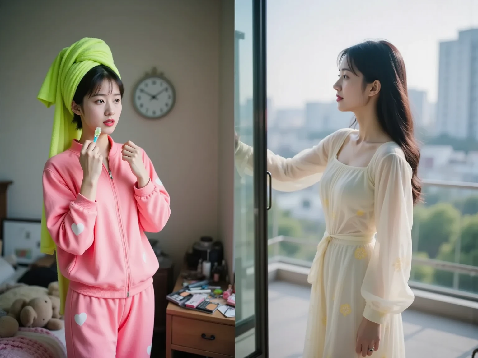 Split-screen composition showing the same young Asian woman in two ...