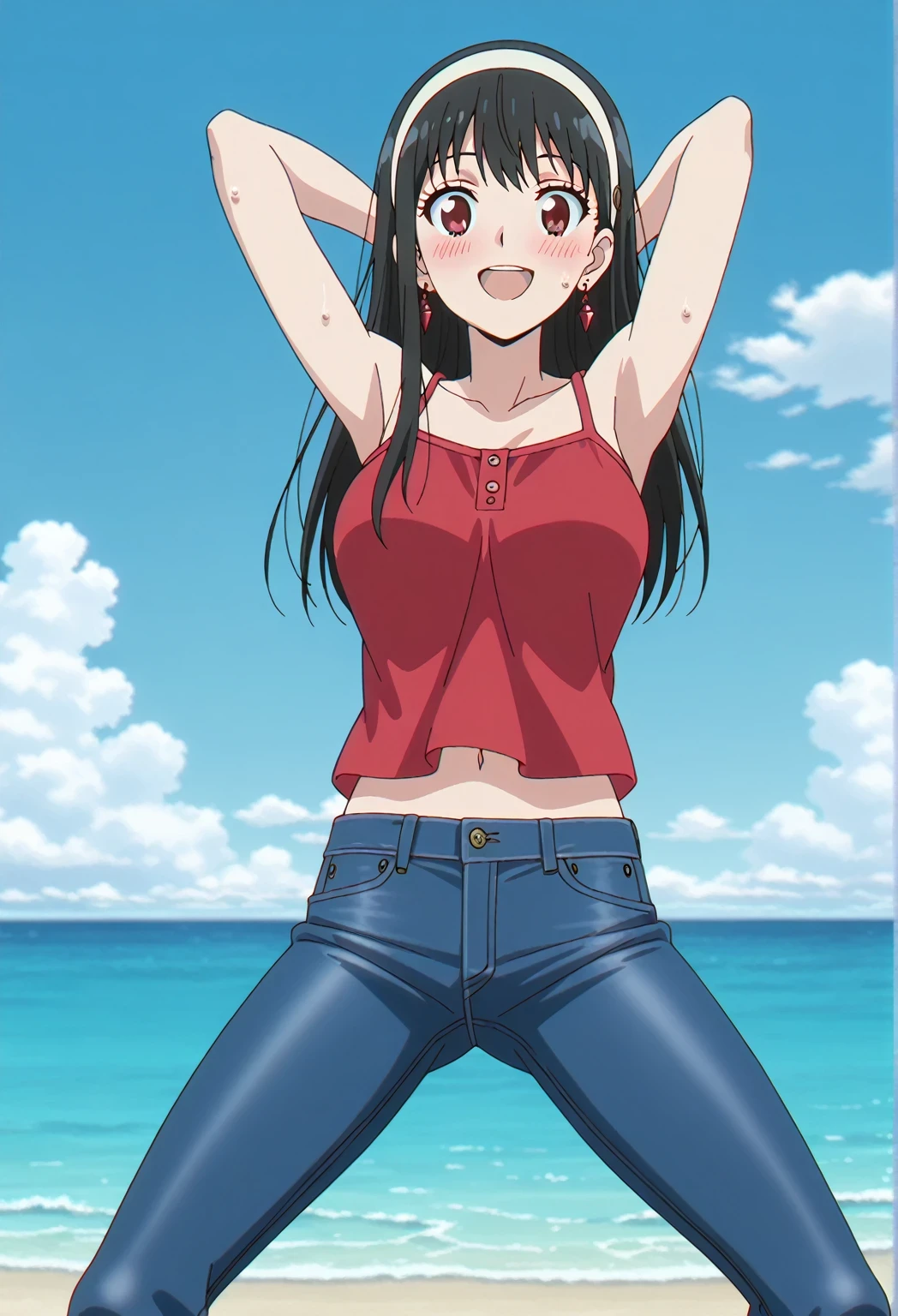 score_9, score_8_up, score_7_up, source_anime, highres, hi res, ((best quality, top quality, perfect quality, Highest Quality, amazing quality)), {{masterpiece}}, {{an extremely delicate and beautiful}}, 2d, intricate details, official style, anime, 8k, anime style, official_anime, official art, digital painting, cell shading, soft shading, high resolution, soothing tones, Subdued Color, Soft cinematic light, adobe lightroom, photolab, HDR, intricately and hyper-detailed, ((high quality animation)), 1 girl, Alone, solo, ((ocean)), tsunami, on the water, day, sunny, outdoors, sky, windy, yor forger, mature, white hairband, earrings, jewelry, long hair, anime screencap, , red camisole top, crop top, red crop top, best quality, hyper-detailed jeans, ((blue jeans:1.9)), (dark blue jeans:0.6), full medium body, medium shot, Open mouth, smiling, happy face, blush, sweat, standing, ((arms behind head:6.0)), bowlegged, sliding pose, action, looking at viewer, , Bend knees slightly, straight-on front view